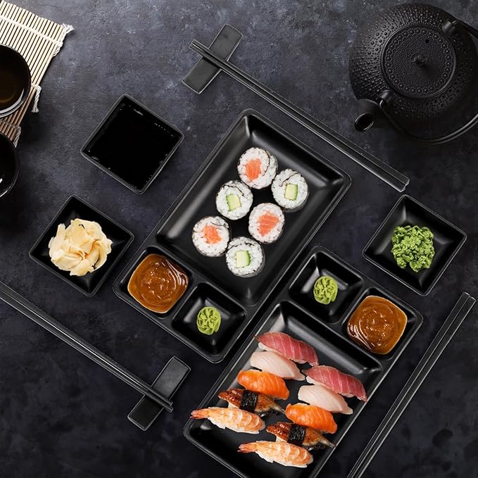 Set de 16 Platos de Sushi de Melamina, Incluye 4 Platos, 4 Salseros, 4 Pares de Palillos y 4 Posapalillos miniatura 7