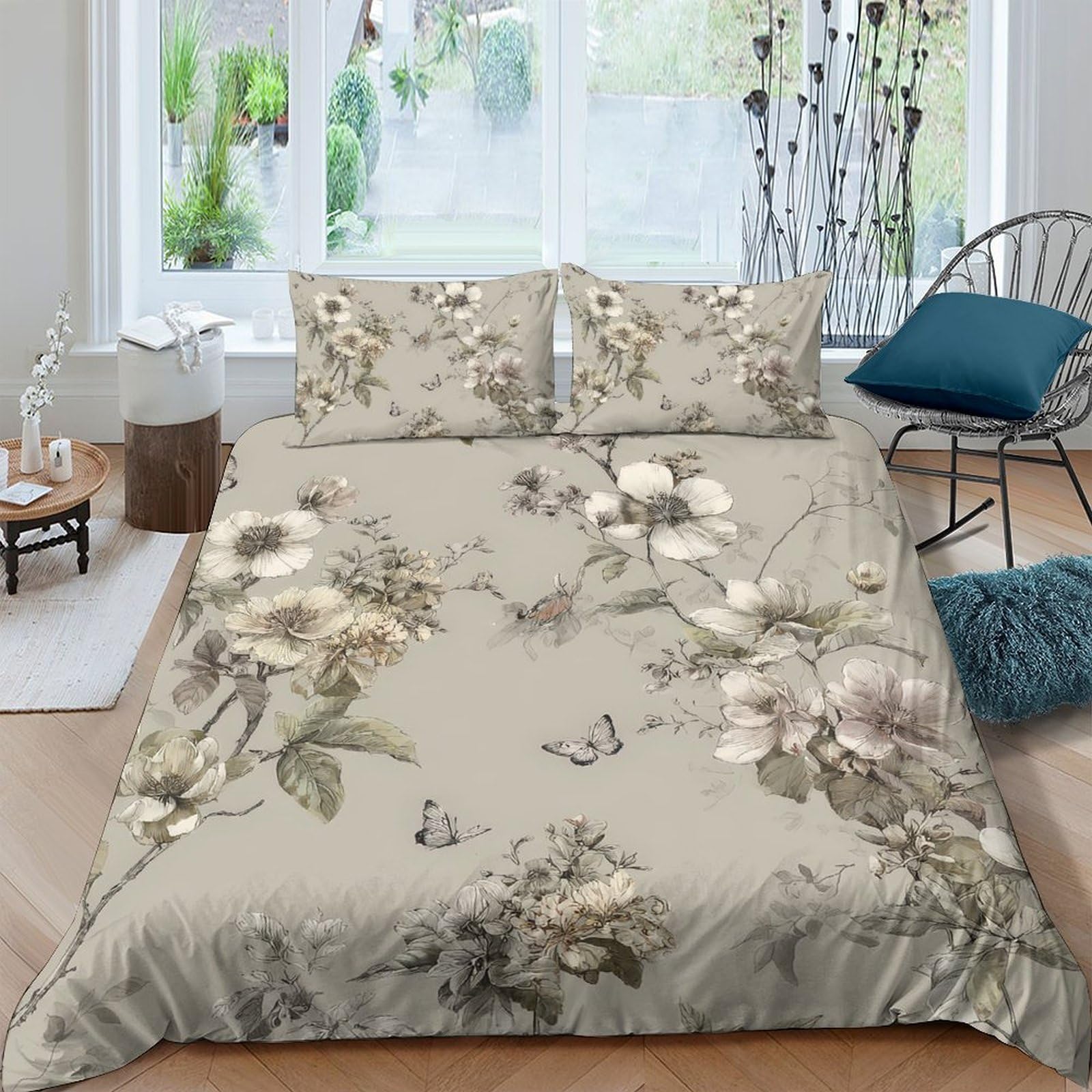 Ctjqhvkz Style-2 3D Printed Vintage Floral Fitted Sheet Microfiber Beige Botanical Mattress Cover For Bedroom Guest Room Dustproof Decor Single（135X200cm）