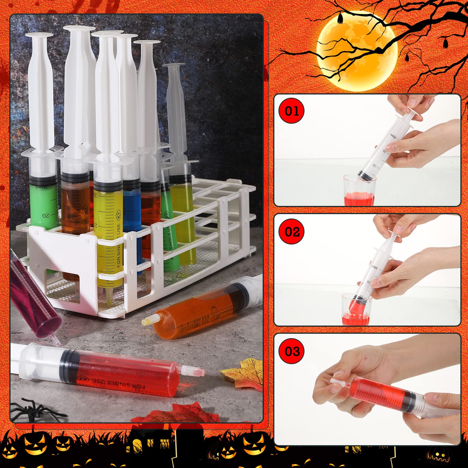 2 Set Shot Syringes Combo Kit with 2 Pieces Plastic Test Rack and 48 Pieces 1.01 oz Plastic Jelly Shots with Cover for Party Christmas