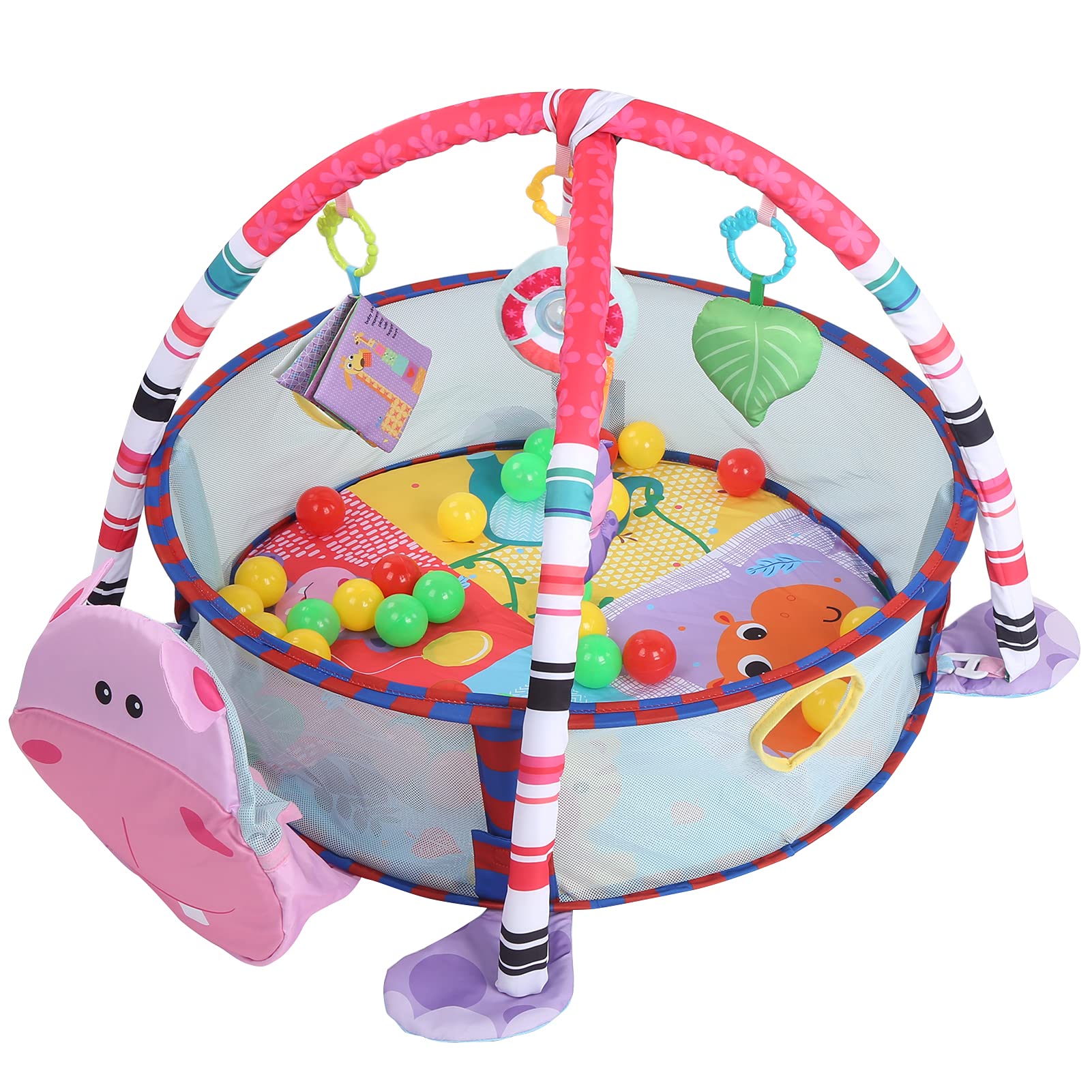 Tappetino da Gioco per Bambini 3 in 1, Struttura Fitness per Palestra, Colore Brillante, per Neonati e Bambini Piccoli, in Tessuto, 95 X 70 X 50 cm. (Ippopotamo Rosa)