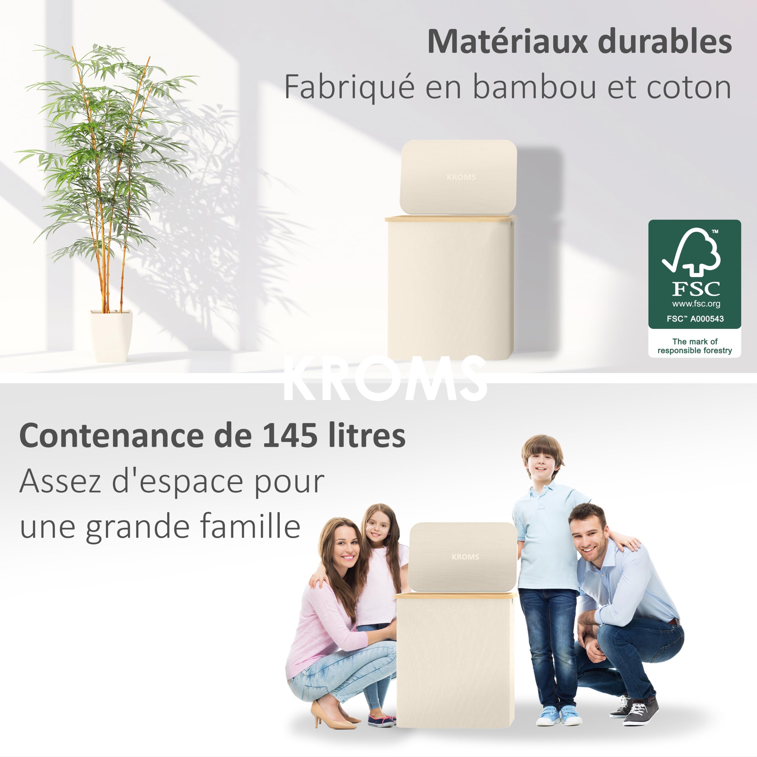 Panier à linge 3 compartiments pliable 145L - Beige – Bac à linge bambou – Panier a linge pliable – Panier rangement buanderie – Bac a linge 3 compartiment