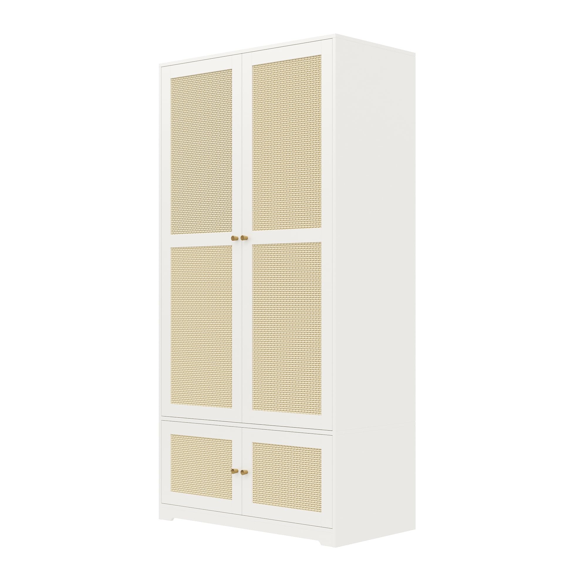 Armario de 2 puertas de ratán, 90 x 48 x 180 cm, color blanco, con barra para colgar y estantes, de MDF y frentes lacados