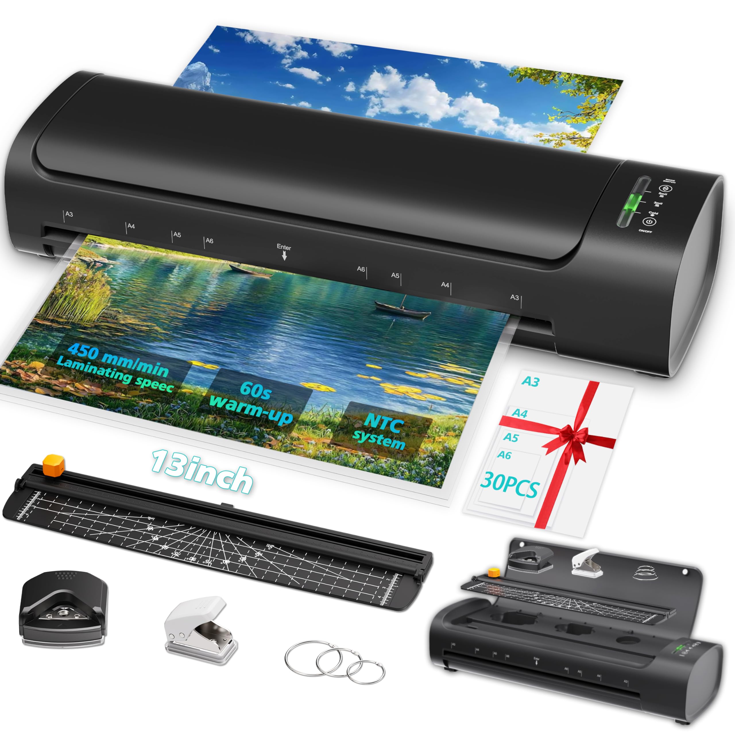 13 Inch Laminator Machine with 30 Laminating Sheets, A3 11-in-1 Hot & Cold Thermal Laminator for Teachers, 60S Fast Warm-Up, 450mm/min, Never-Jam Design Laminate Machine for Home,  image 3