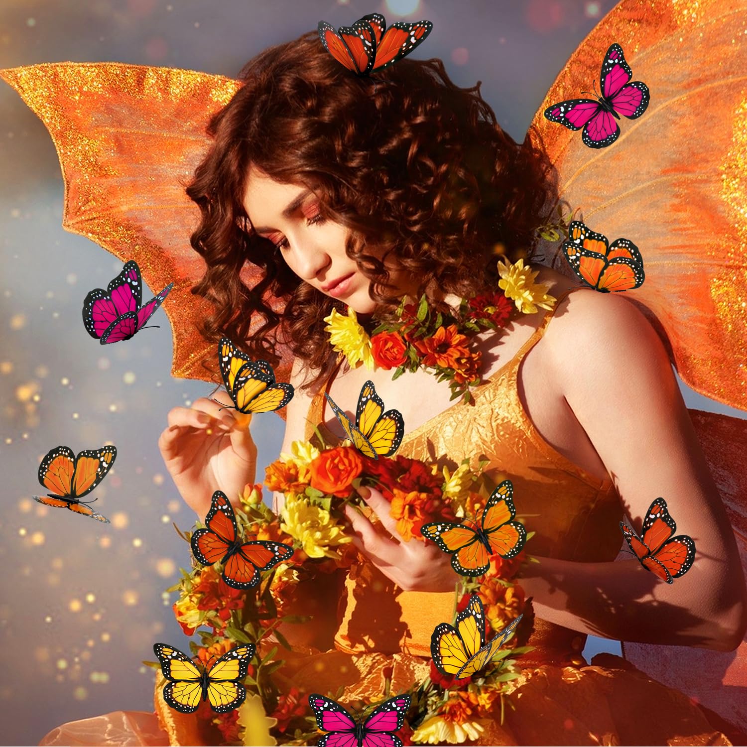 4 Size Monarch Butterfly Decor Halloween Wall Decor Magnetic 3D Monarch Butterfly Decal for Craft Home Wall Wedding Bedroom Ofrenda Dia De Los Muertos Decoration(Orange,24 Pieces