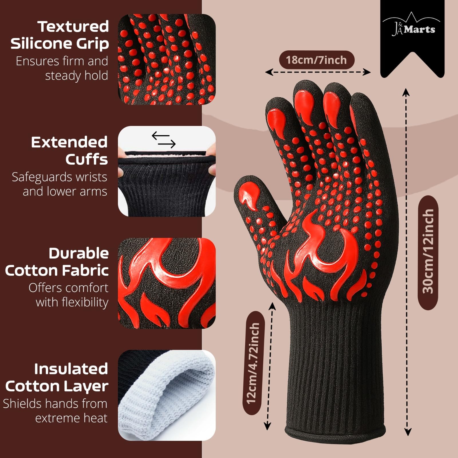 J&A MARTS BBQ Gloves Oven Mitts Grilling, Oven Heat Resistant 1472℉/800°C Waterproof Aramid Gloves with Non-Slip Silicone - Image 2