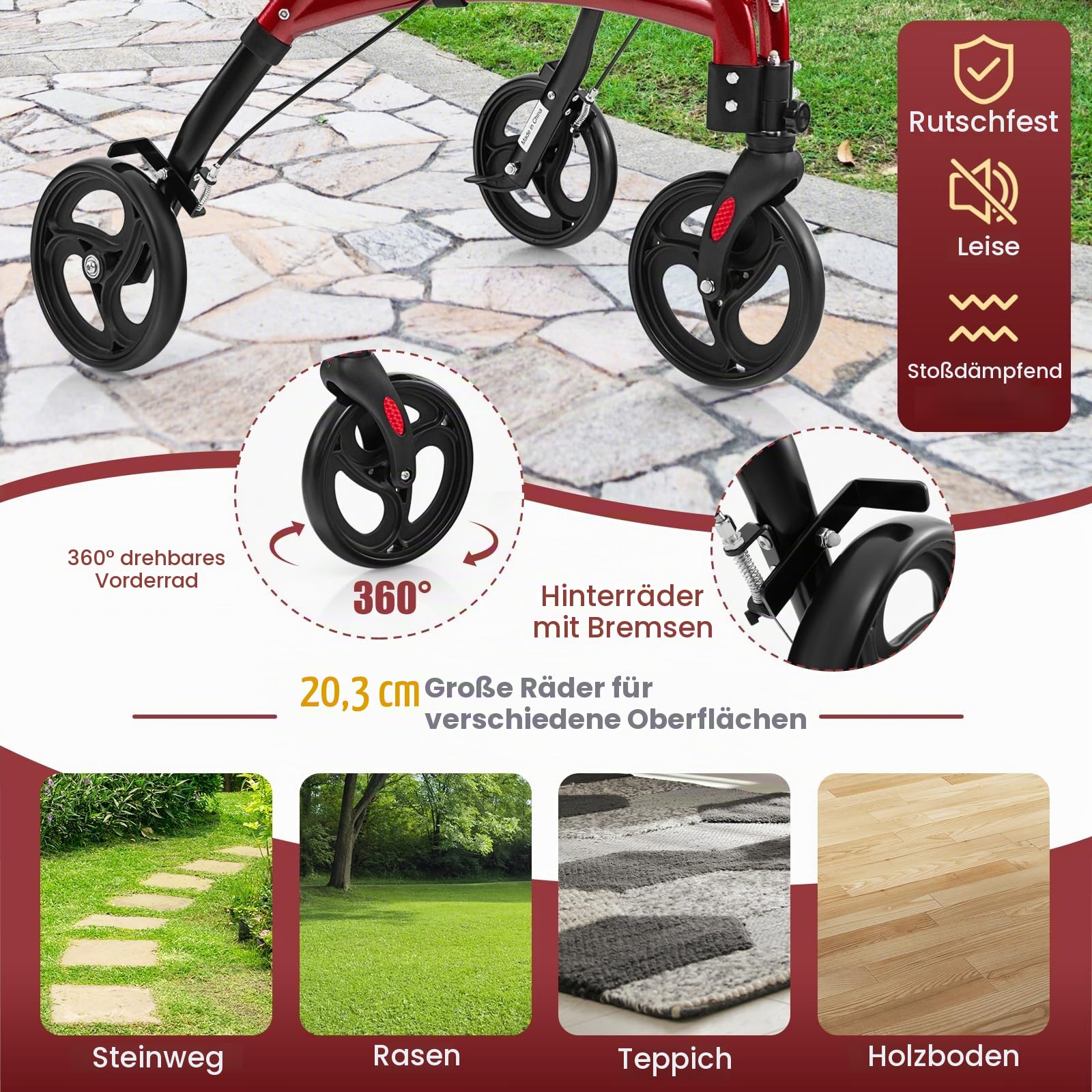 FANTASK Dreirad Rollator faltbar und leicht, 3-Rad Leichtgewichtrollator mit Sitz 6-fach höhenverstellbar, Gehwagen mit Tasche & Bremse, Aluminiumrahmen für Senioren & Erwachsene (Rot)