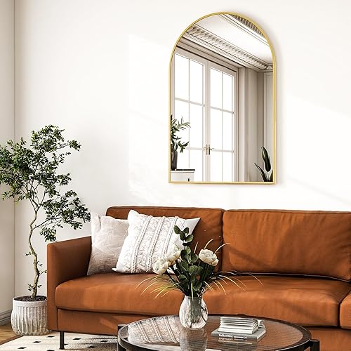 Miniatura 55 de HARRITPURE Espejo de baño arqueado de 20 x 30 pulgadas, espejo de pared, espejo de arco dorado, marco de aleación de aluminio, espejo de baño, sala