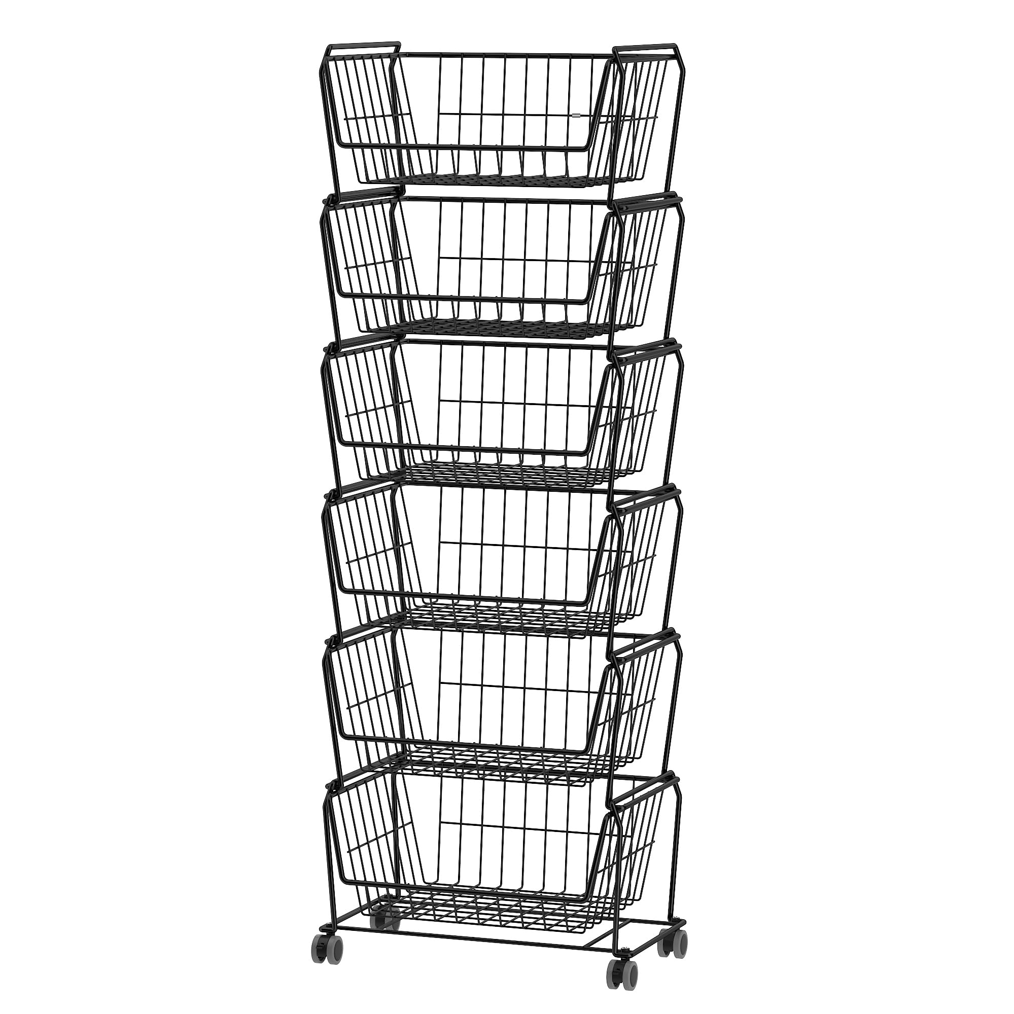 PUSDON Stackable Metal Storage Carts, Dual Use Shelf for Kitchen Fruit Vegetable Baskets with Wheels, Storage Rack for Living Room, Home & Office, Standard Black 6 Tiers