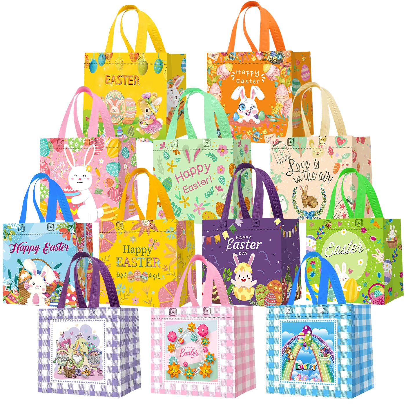 DECHISY 12 Stück Geschenktüten Ostern, 21 x 15 x 20 cm Osterkorb für Kinder, Ostertüten mit Hasen-, Karotten- und Kükenmotiven, Vliesstoff Kleine Ostertüten für Eiersuche, Frühlingsparty