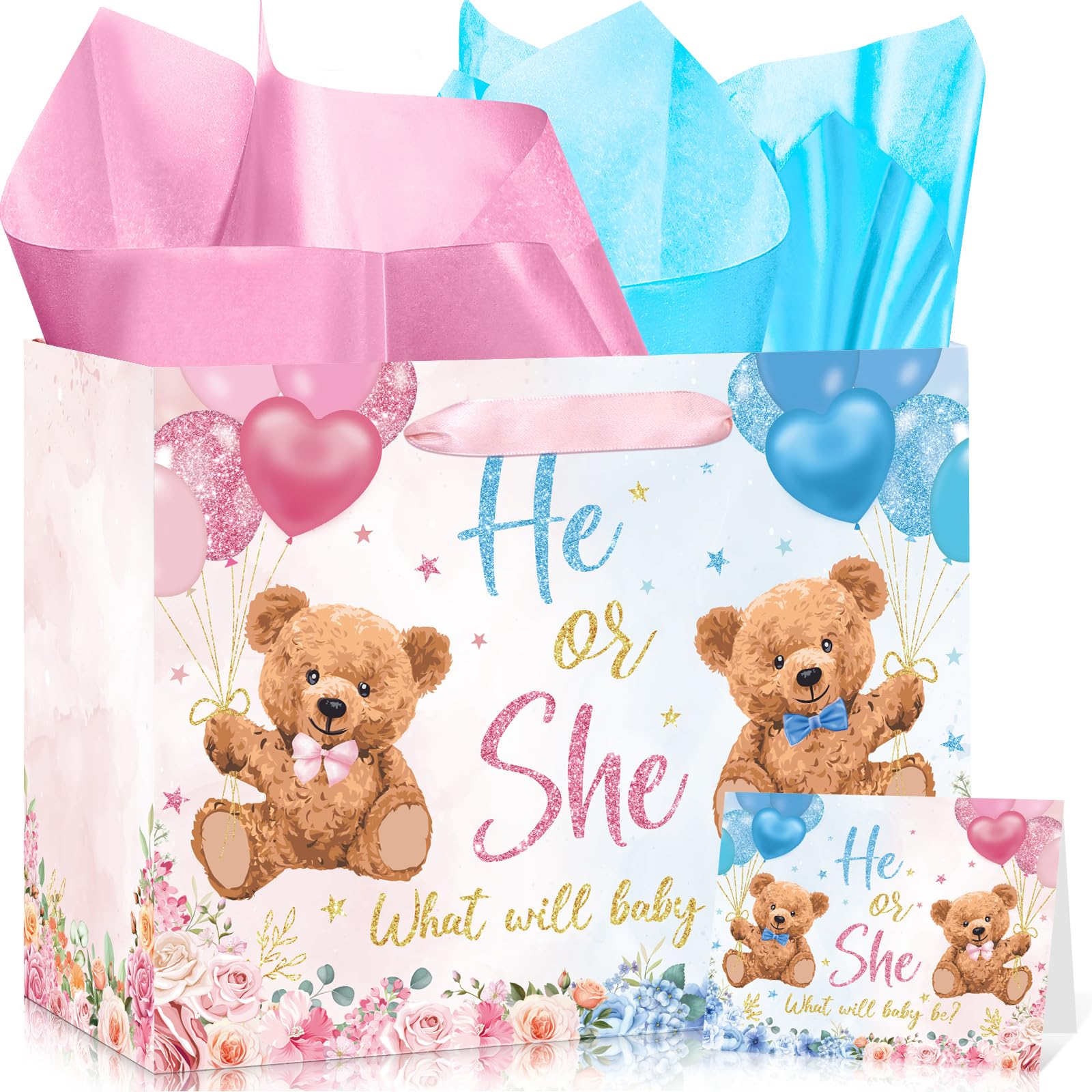 Große Papiertüte mit Seidenpapier und Grußkarte, Bär, Babyparty, Geschenkpapiertüte, Rosa und Blau, He or She Gender Reveal Treat Candy Bags für Babyparty, Partyzubehör, Dekorationen