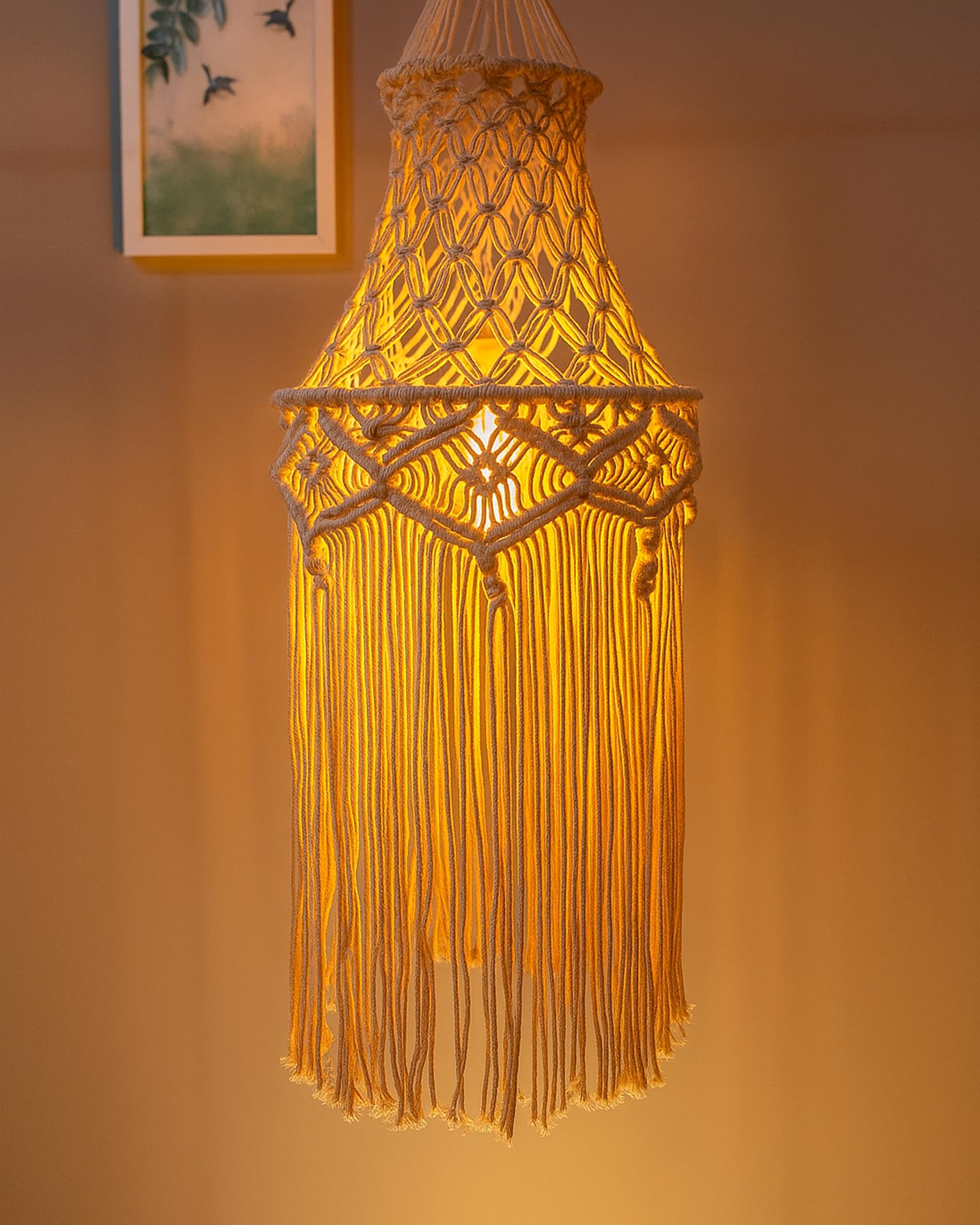 Homesake Boho Macrame Hanging Lamp - Handwoven Cotton Rope Pendant Light, Warm Light, Indoor Decor, Living Room, Bedroom, Dining Room, Handmade, Bohemian, Rustic, Accent Lighting (Beige)