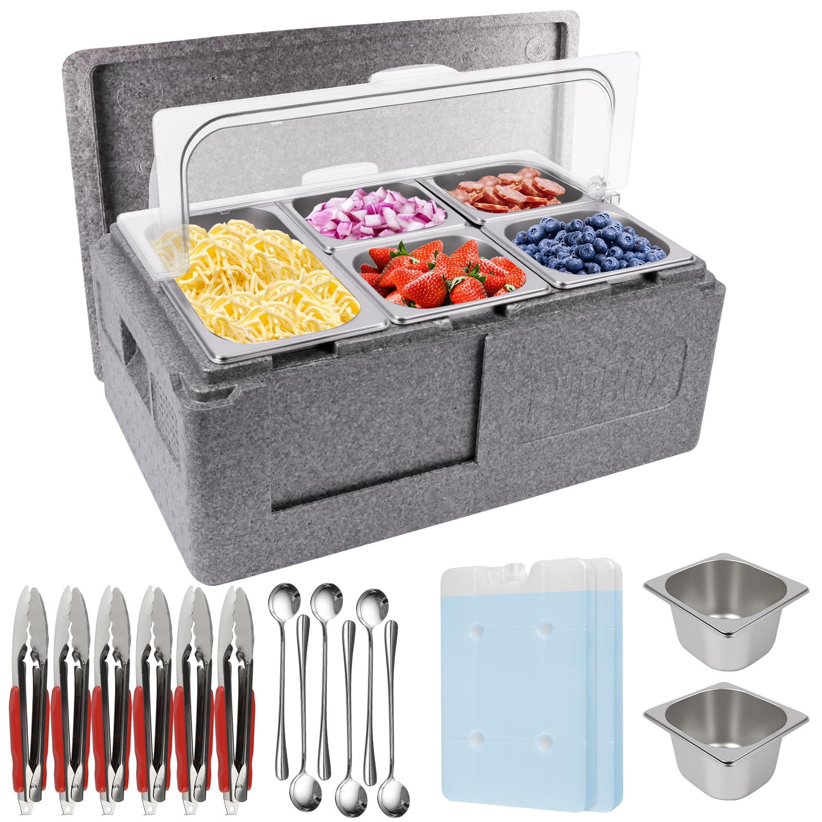 Kalolary Recipiente para ingredientes de acero inoxidable, 7 cuencos, para ensalada, estación de bufé, para platos fríos, con acumuladores de frío y tapas, juego de recipientes de bufé, bandeja para