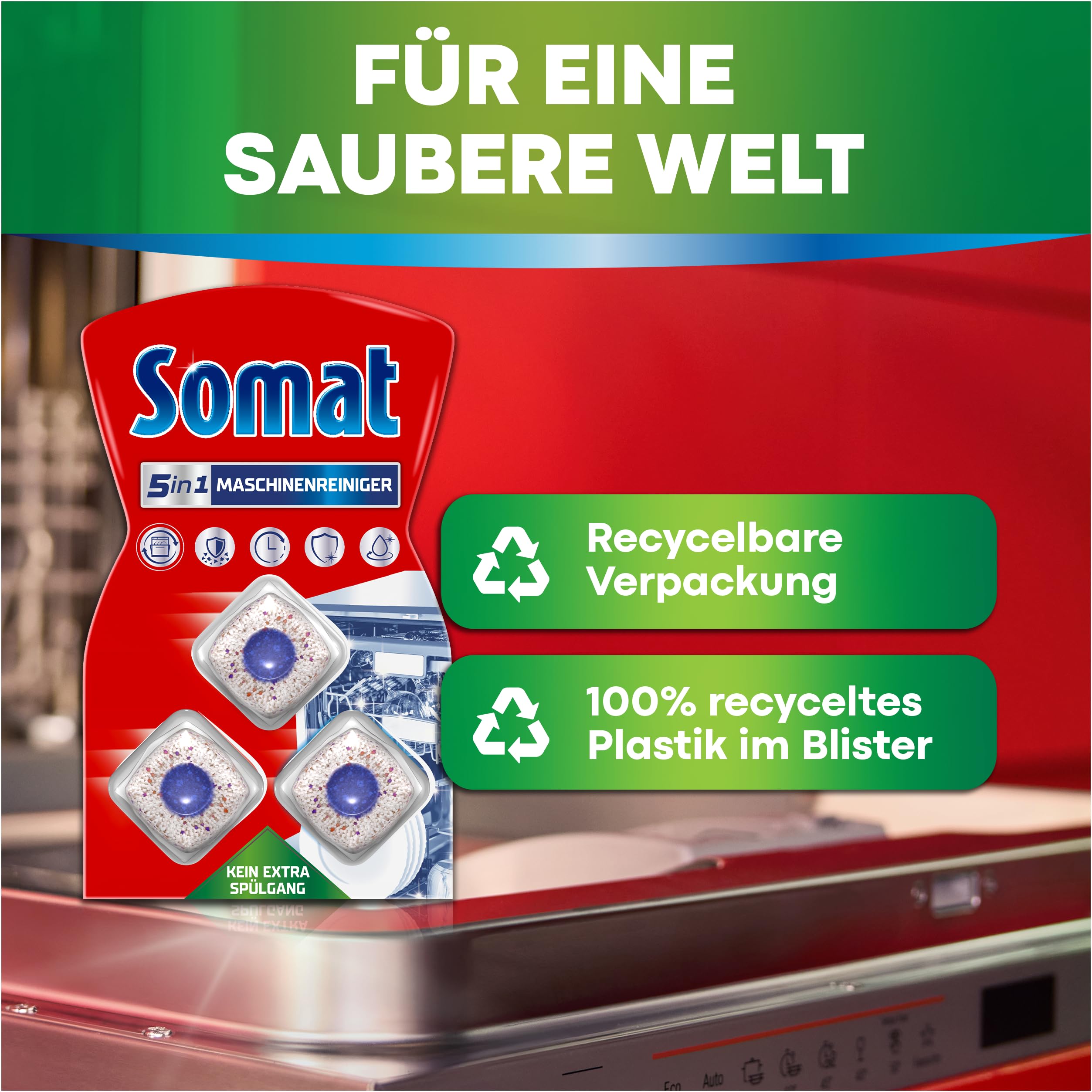 Somat 5in1 Maschinenreiniger (3 Spülgänge), Anti-Kalk Spülmaschinenreiniger für monatlichen Gebrauch, Reinigungs-Tabs für die Spülmaschine für längere Lebensdauer, ohne extra Spülgang