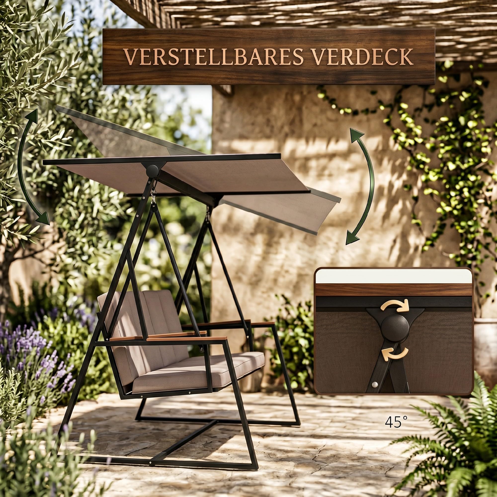 Outsunny Hollywoodschaukel 3-Sitzer Schaukelbank mit Kissen, Gartenschaukel mit regulierbarem Dach, bis zu 300 kg Tragfähigkeit, 205 x 130 x 175 cm, Khaki