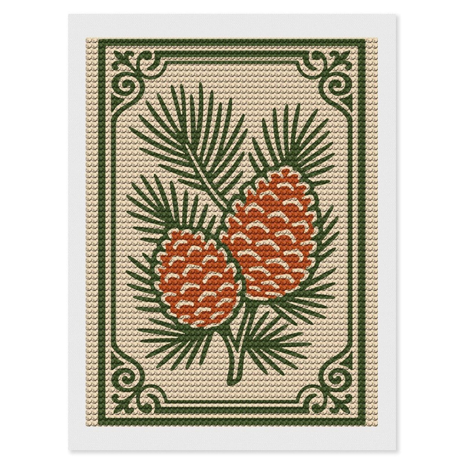 Junmoney Pine Cones Illustration with Decorative Border Diamond Art Kit 12"x16", Neat Printed Canvas, Finish and Display, Relaxing DIY Hobby, Living Room Decor