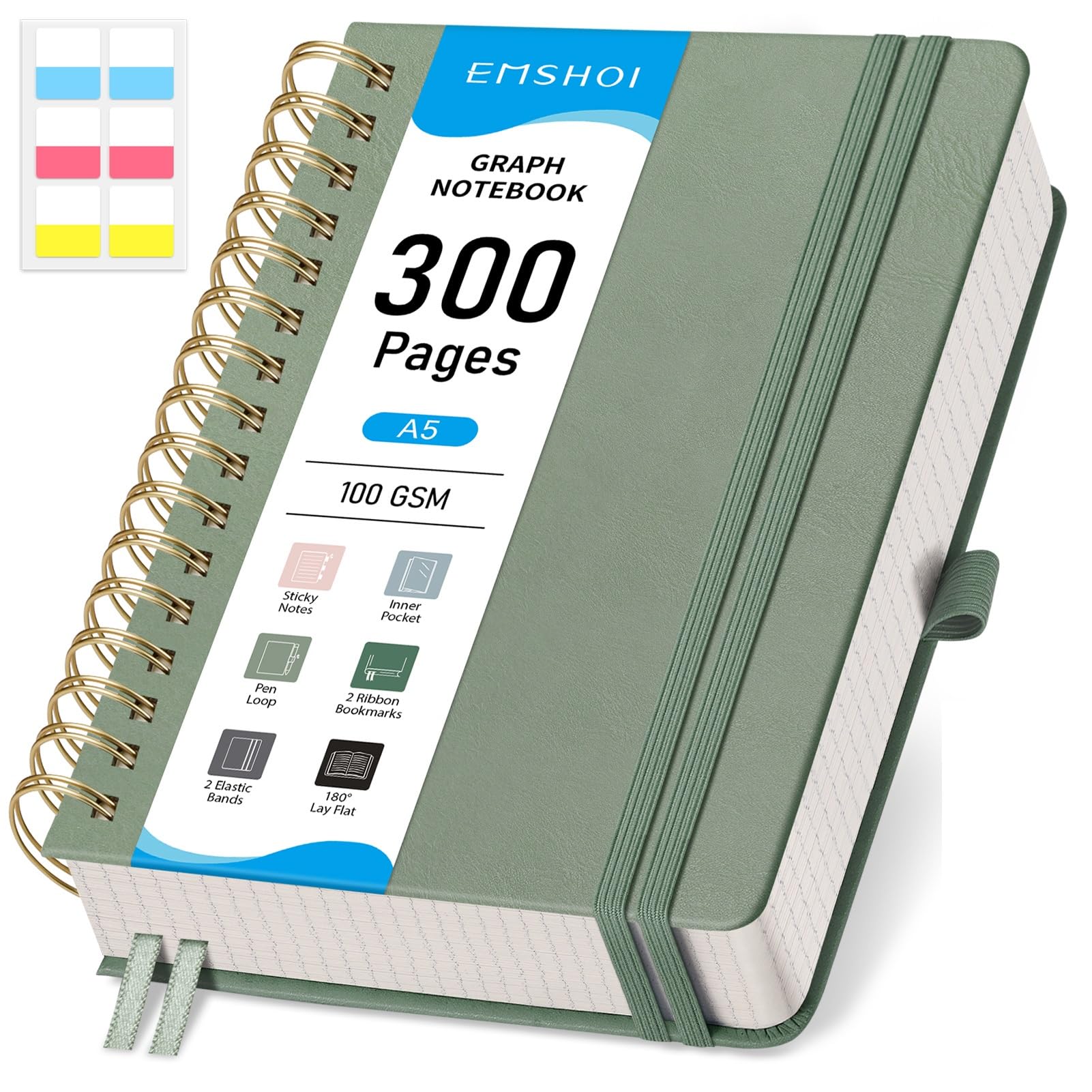 EMSHOI Spiral Graph Paper Notebook - 300 Pages, 100 GSM Thick Grid Notebook, A5 Small Hardcover Leather Journal for Women Men Writing Engineering Graphing, 5.7" x 8.22", Light Green