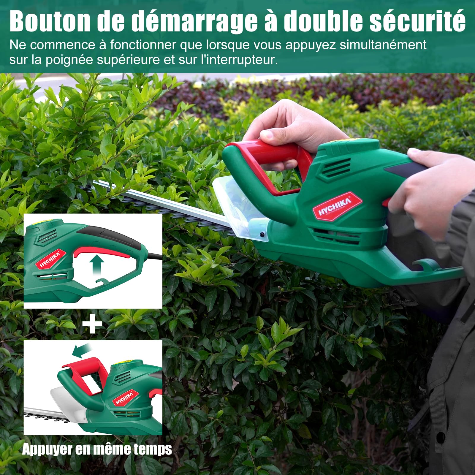 HYCHIKA Taille-Haies Électriques 550W, Taille Haie Electrique Filaire, Coupe Haie, Lame 45 cm, Écartement 18 mm, Double Interrupteur et Double Poignée, pour Tailler Les Haies et Arbustes