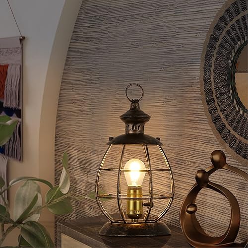 Miniatura 4 de Lámpara de mesa industrial retro única para dormitorio, mesita de noche o sala de estar, linterna eléctrica de metal con gancho colgante para