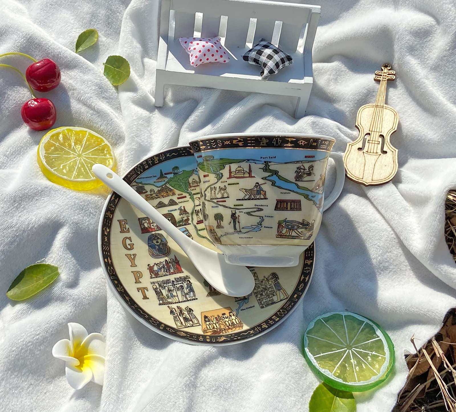 Coffee Espresso Cups and Saucers Set Egyptian River Map Golden Ceramic Cup Espresso shot Cup, Demitasse Cup 3.4oz/100ml Tea Cup Set Porcelain Gift for Birthday Family Friends (Beige and Blue)