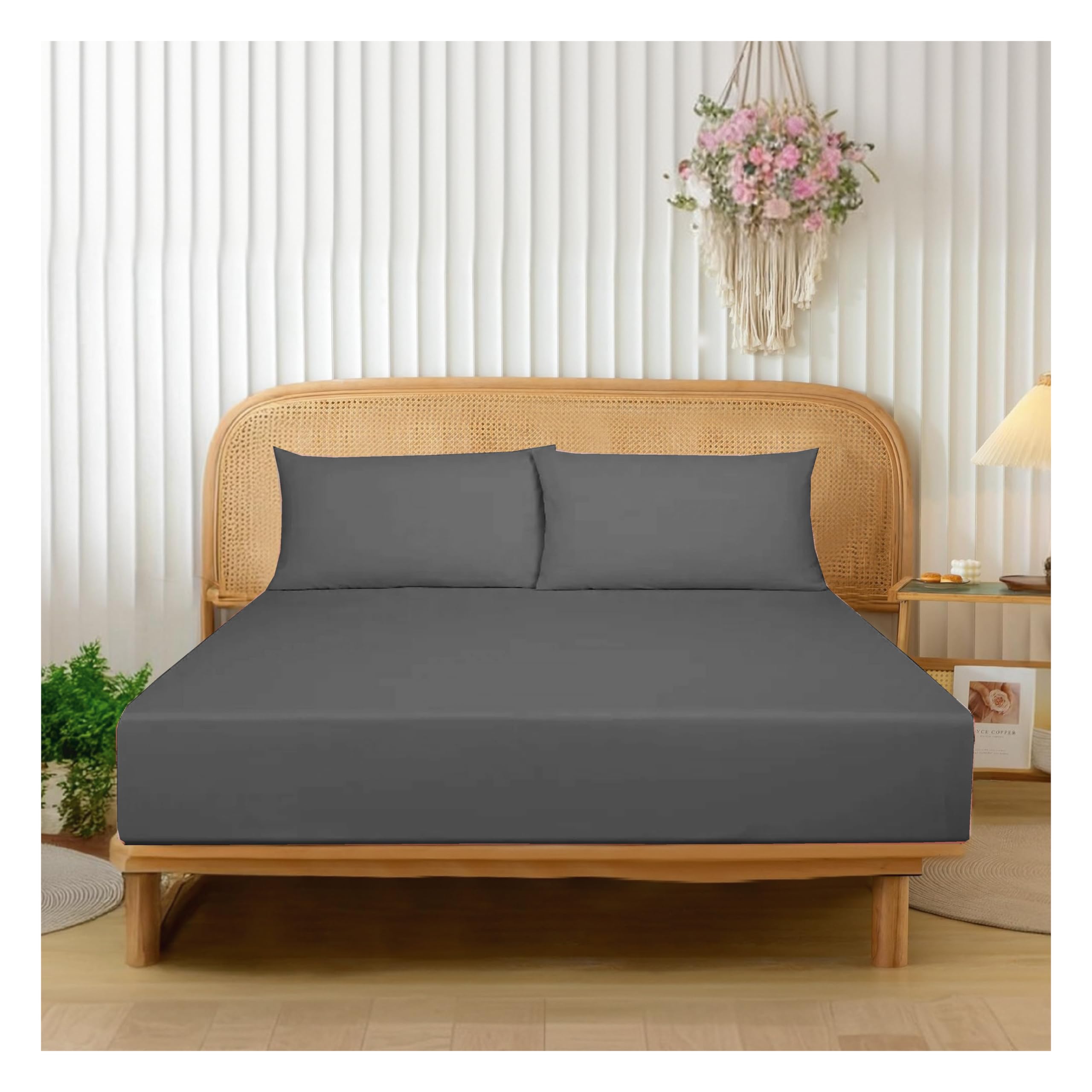 Funky Gadgets Double Fitted Sheets Extra Deep Pocket 16 Inch (40cm) 90 GSM Soft Brushed Microfiber Bed Sheets Easy Care Bottom Sheet Charcoal (137 X 190cm)