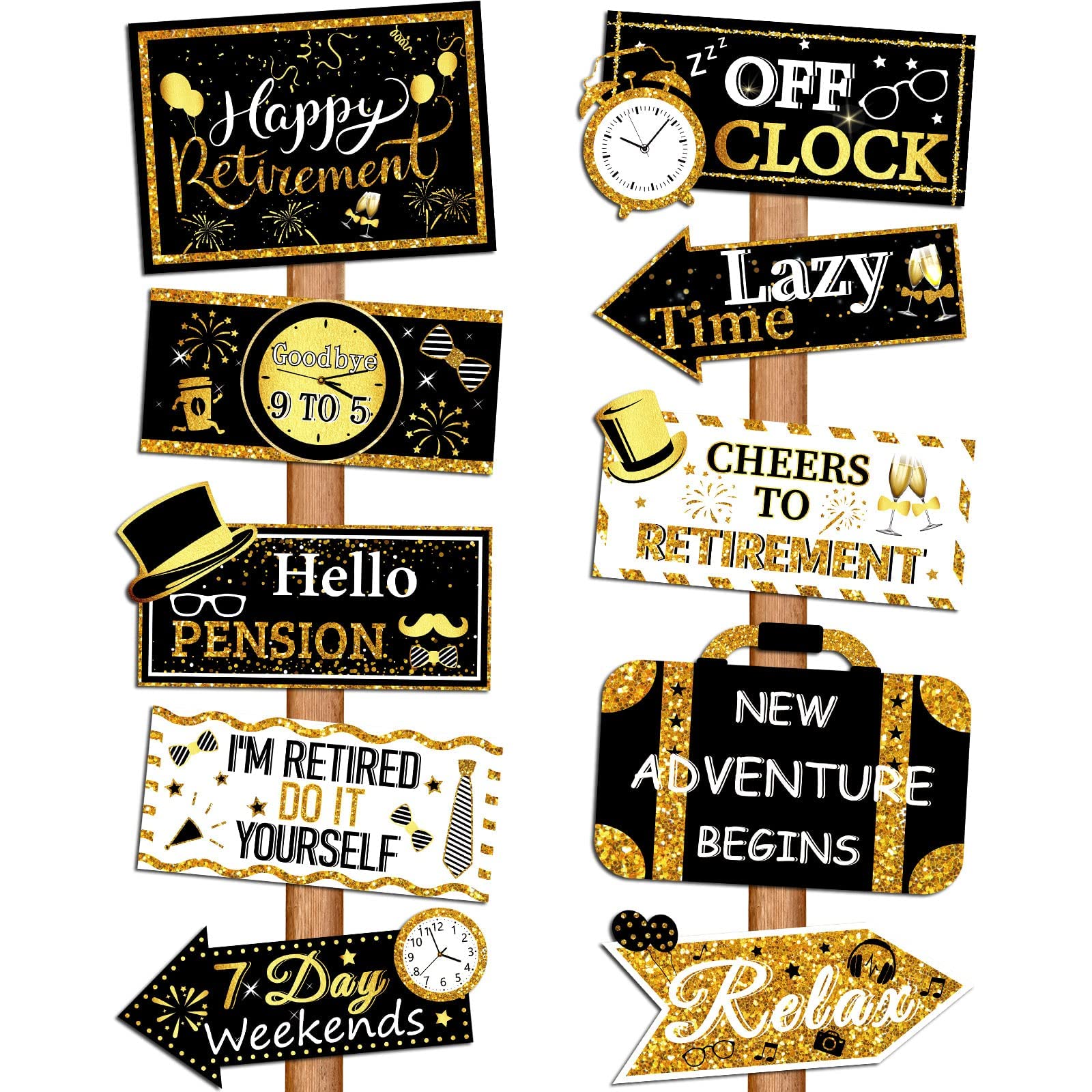 Excefore 20 Pcs Retirement Party Sign Happy Retirement Party Directional Sign Retired Yard Sign Retirement Hanging Cards for Happy Retirement Party Supplies, 10 Styles (Black, Gold, White)