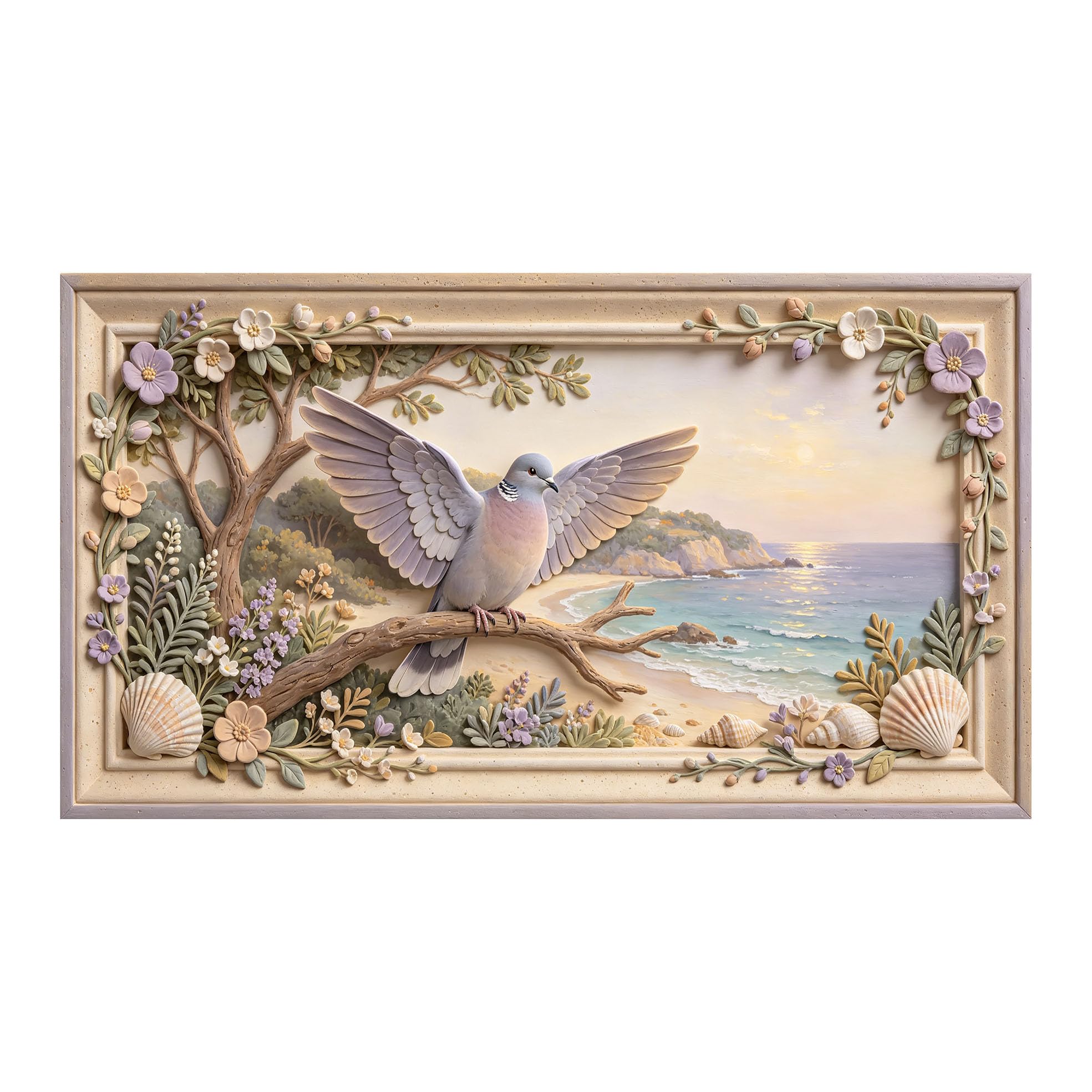 Yzpallescene 3D 3D Framed Wall Art 50cm×90cm Coastal Seaside Dove Landscape Oil Painting Large Size SelfAdhesive Removable Wall Decor Prints Artwork for Living Room Bedroom Office