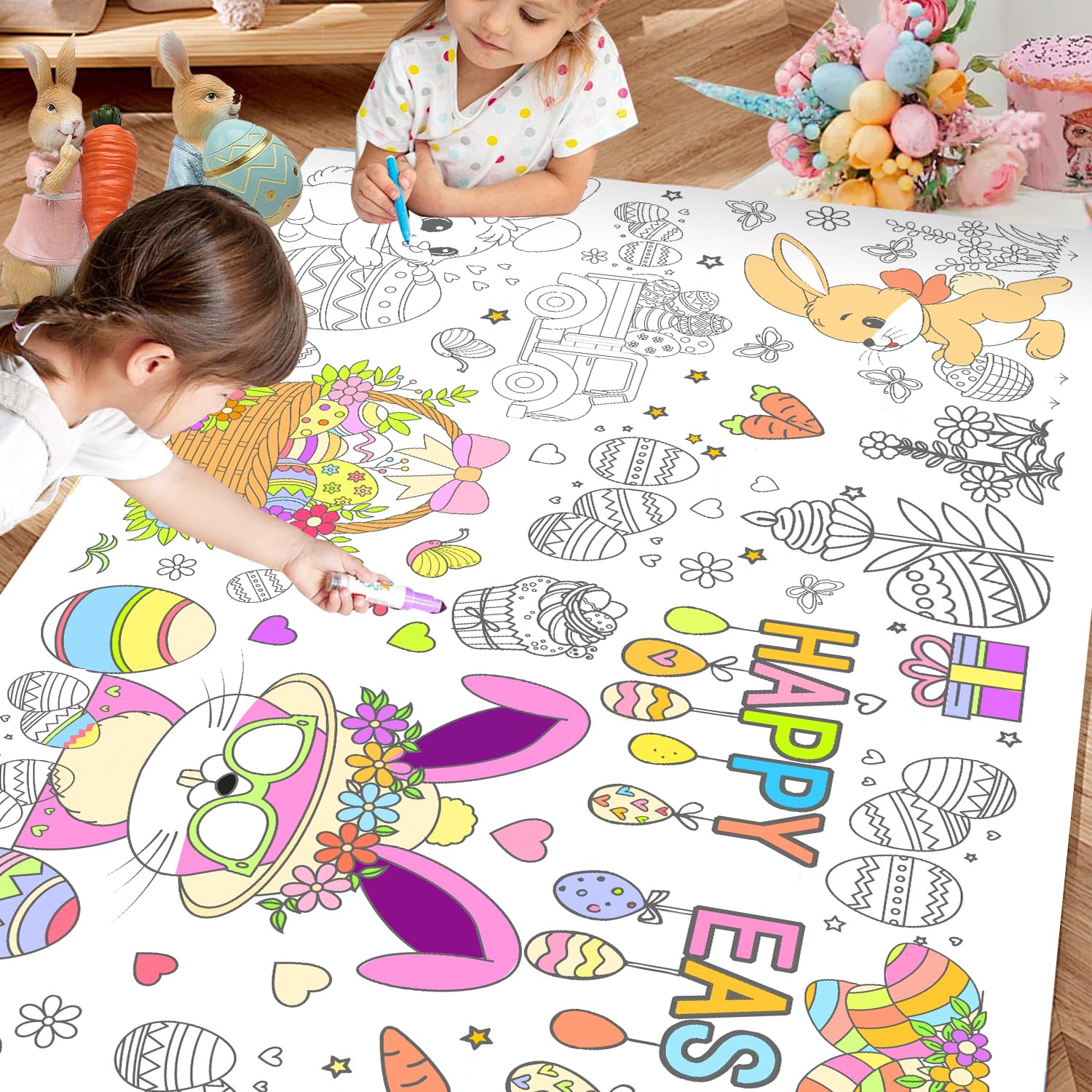 Gatherfun Easter Coloring Poster - 31.5 X 72 Inches, Activity Banner & Table Cover For Kids