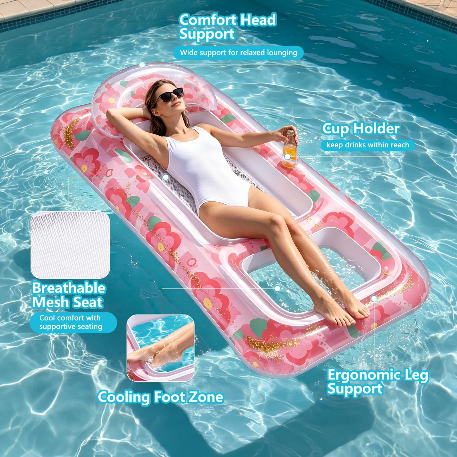 Materassino Mare in PVC Galleggiante Gonfiabile Piscina con Parasole Disponibile in Una varietà di Colori con Schienale e portabicchiere Accessori Piscina per Piscina e Spiaggia