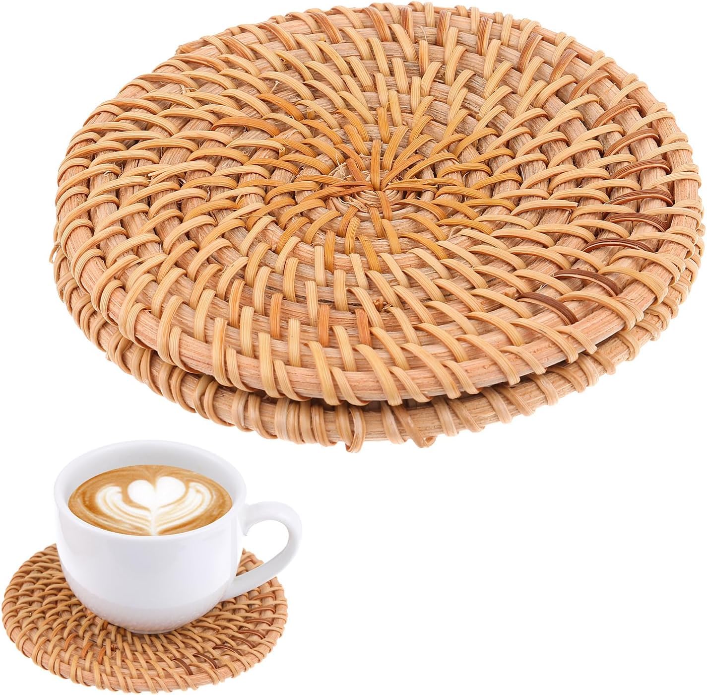 Vayfoni Bronze 2Pcs Woven Rattan Coasters - 10Cm Round Natural Placemats - Handmade Rattan Drink Coasters - Heat Resistant Table Protectors