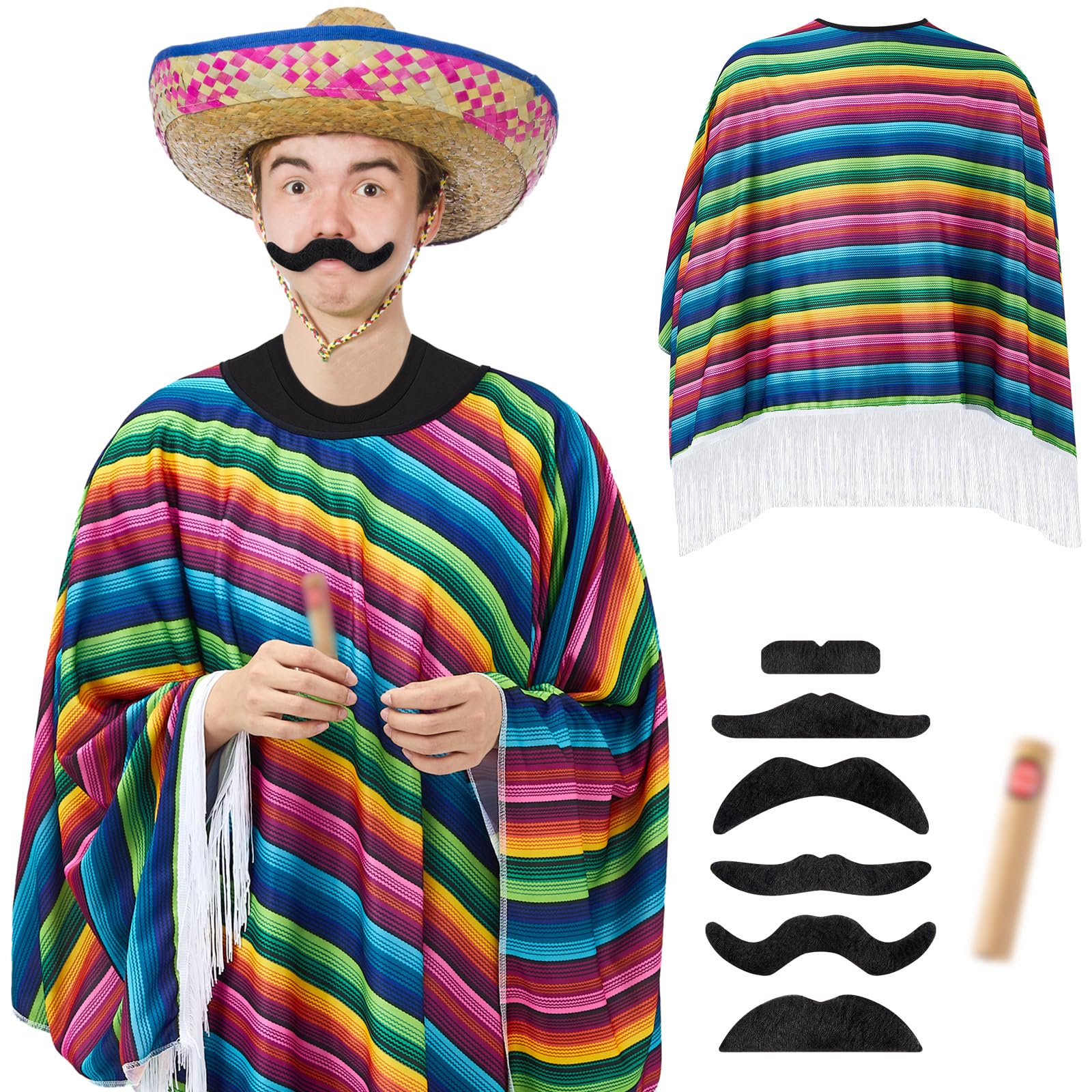 Hicarer Set de 3 Disfraces de Carnaval Mexicanos Poncho Mexicano Colorido Sarape de Fiesta Festivo Bigote Divertido Cigarro Falso para Hombre Mujer Adulto Cosplay Traje Accesorio (Color brillante)