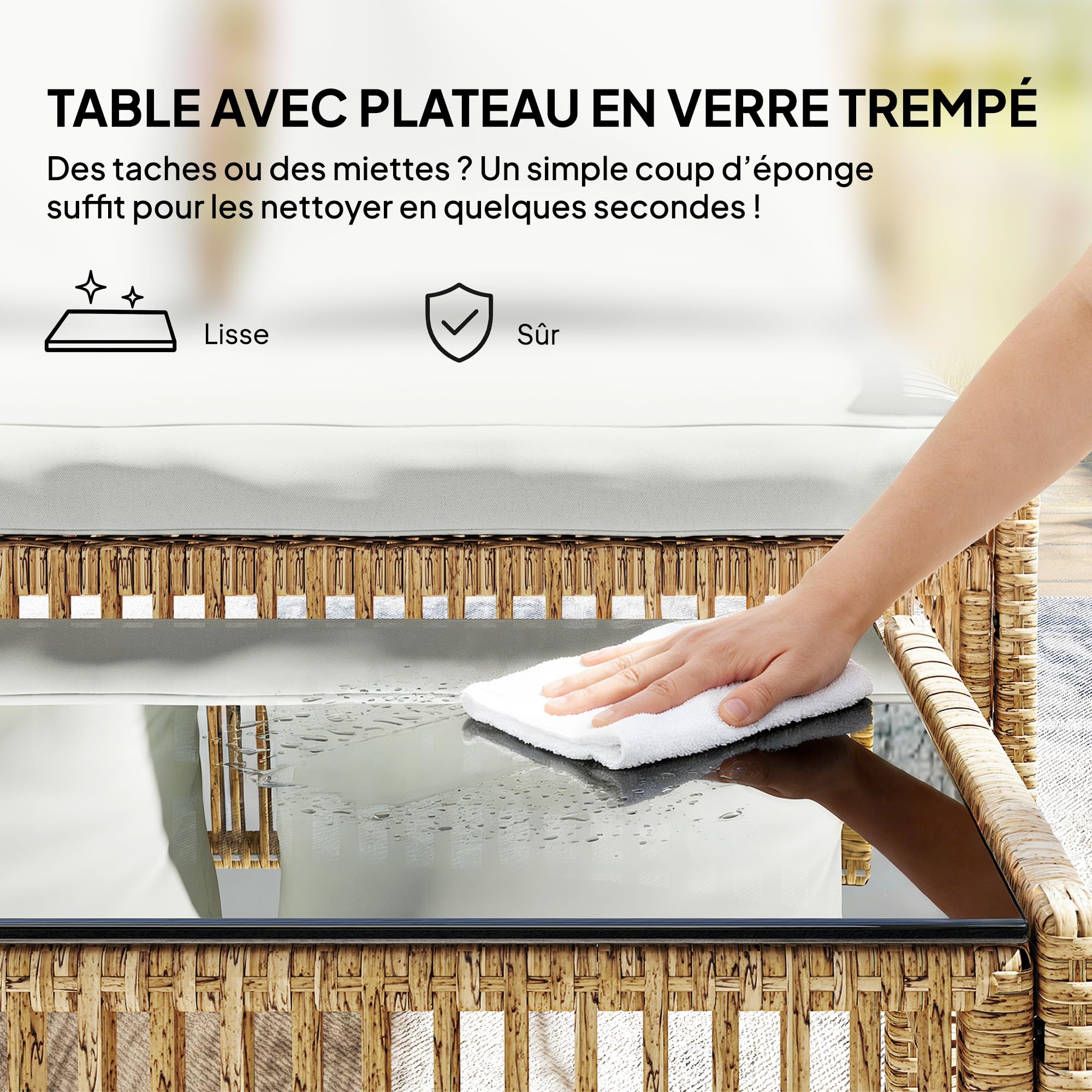 Outsunny Salon de Jardin Extérieur d'angle 4 Places Résine Tressée, Crème | Canapé 2 Places, Chaise Longue, Table Basse, Plateau en Verre Trempé, Coussins, Mobilier de Jardin, Terrasse, Patio