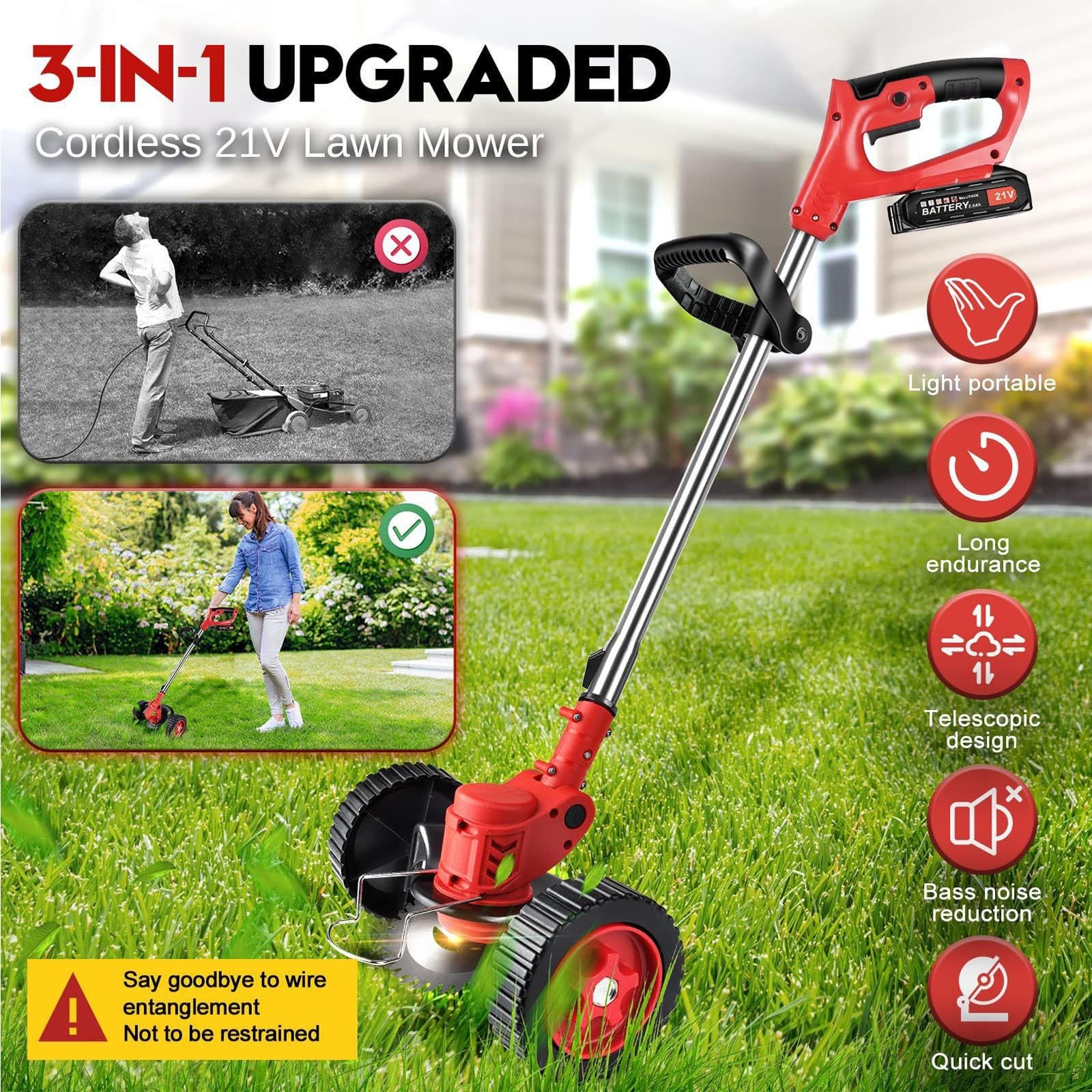 Desbrozadora de jardín inalámbrica de 21 V con batería de iones de litio de 4 Ah y batería de cargador, ruedas extraíbles, desbrozadora eléctrica para jardines y césped (2 unidades)