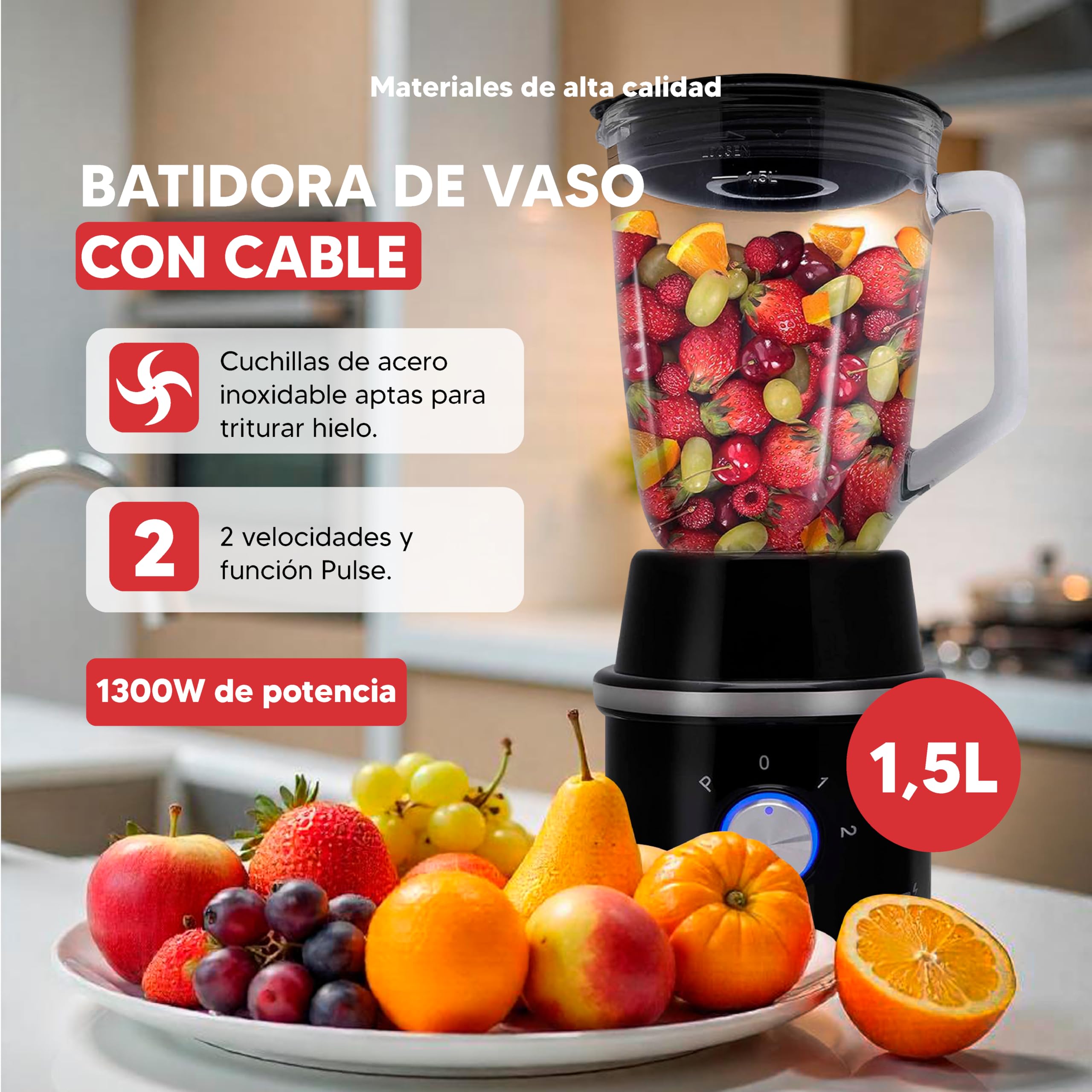 Sogo Blender stołowy, blender do soków, smoothies - maszyna do smoothies maker, rozdrabniacz do żywności ze szklanymi dzbankami 1,5 i 0,3 litra, 2 ostrza, 1300 W, czarny (SS-5545)