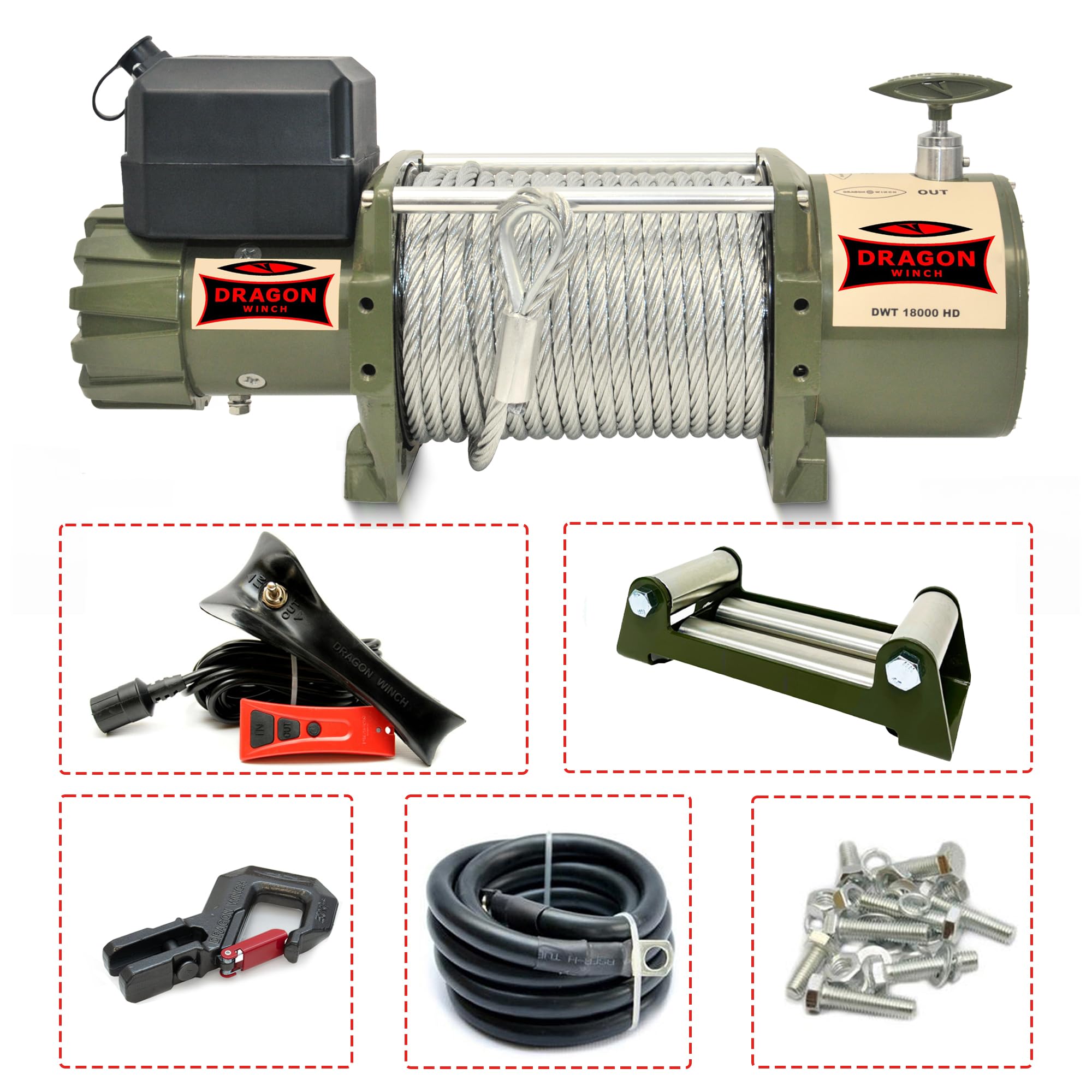 DRAGON WINCH - Verricello Elettrico Truck 24V 18000 lbs (8165 kg) Cavo in Acciaio 31m per Vigili del Fuoco, Veicoli Commerciali e Furgoni incluso telecomando senza fili + accessori per verricello