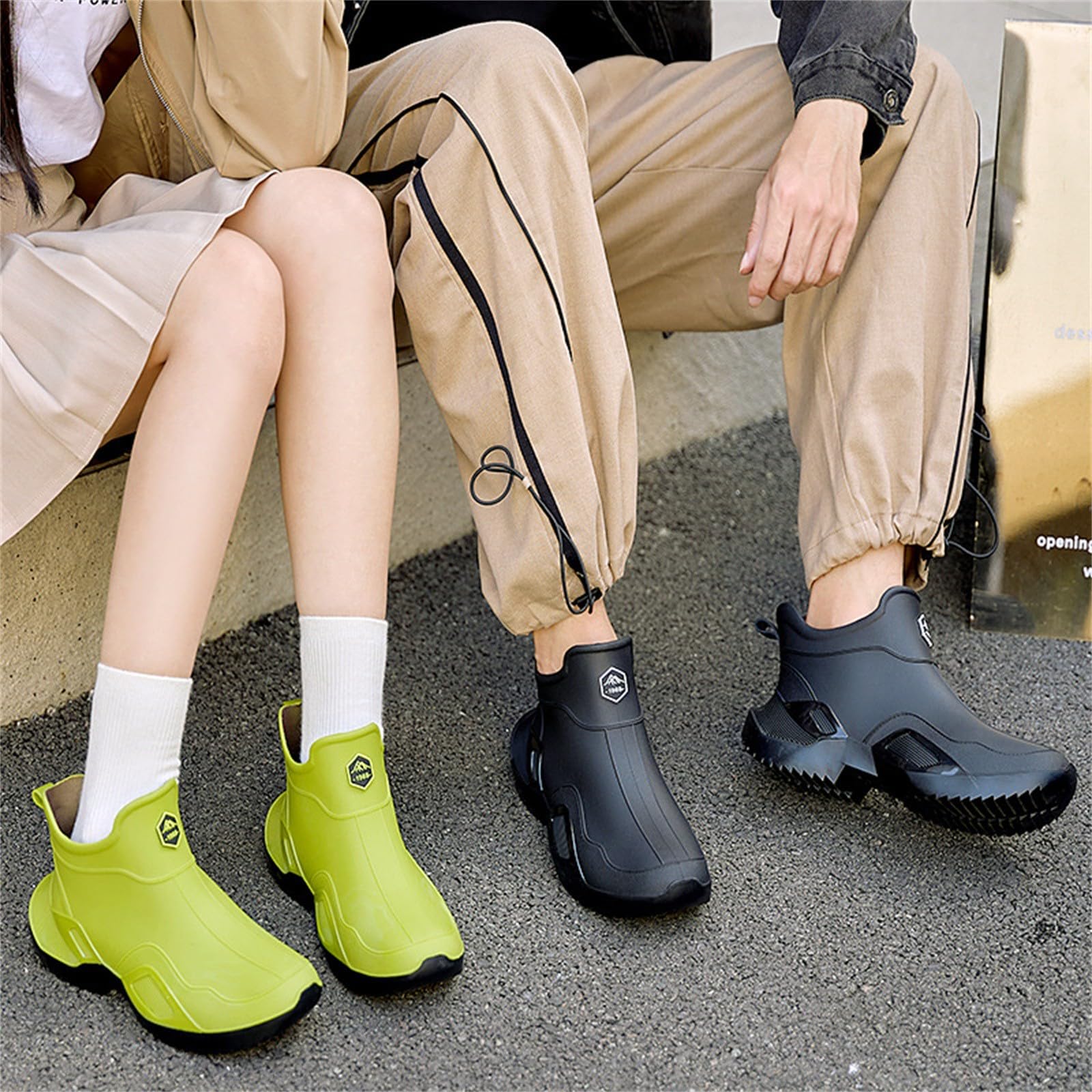 Męskie buty przeciwdeszczowe do kostek, wodoodporne, krótkie kalosze z rzeźbioną podeszwą, obuwie na platformie do modnych wędrówek po mieście, ZIELONY, 40 EU