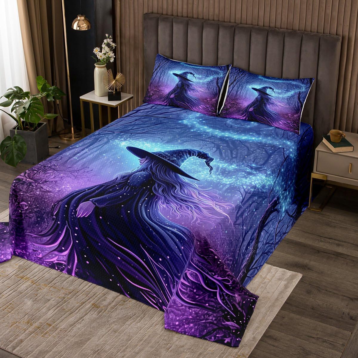 Erosebridal Vintage Halloween Quilts Gothic Witch Decor Coverlet Set, Retro Witchy Rustic Dark Woodland Bedspread Sets Magical Forest Quilt Set Queen