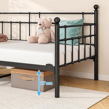 HOMERECOMMEND Metal Single Daybed Frame 3ft Sofa Bed Frame,Black | 90x190 cm Bed Steel Slats Platform Base Box Spring Children Bed Sofa Living Room Guest Room
