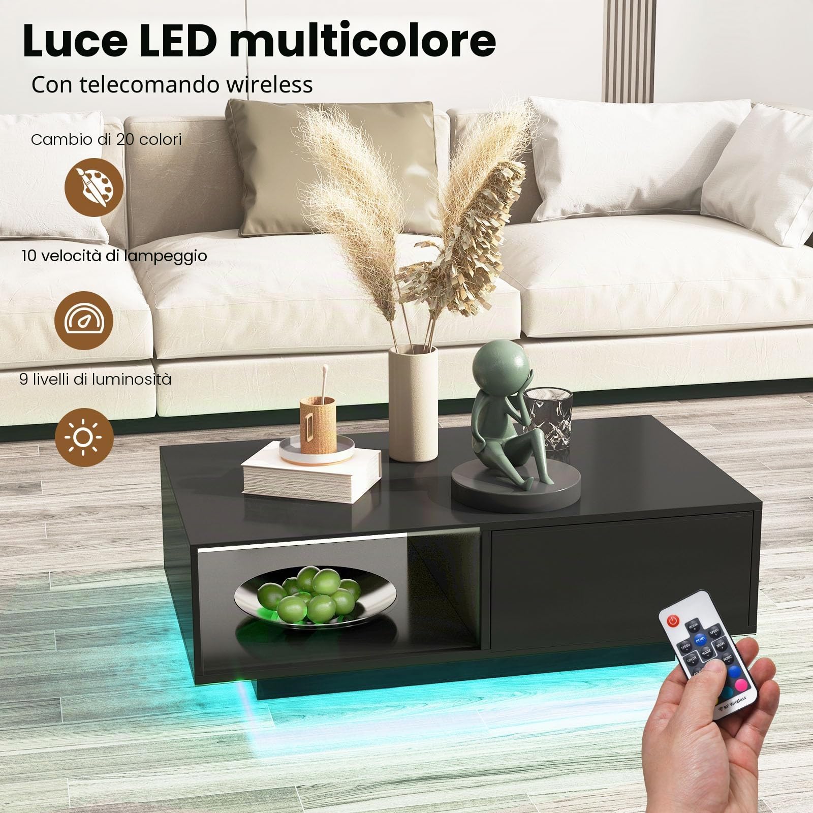 LIFEZEAL Tavolino da Salotto con Luci a LED, 1 Cassetto, 1 Scomparto, Colori, Luminosità Regolabili, Moderno, Basso, Remoto Controllo, Tavolino da Caffè, Soggiorno, Max 65kg, 95x55x31cm, Nero Lucido