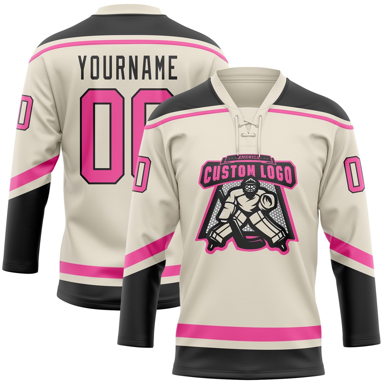 Custom Cream Pink-Black Hockey Lace Neck Jersey, Hockey Jerseys, Hockey Jersey Men, Practice Hockey Jersey, Hockey Team Jerseys for Men, Jerseys for Men, Custom Hockey Jersey, Hockey Jersey