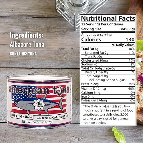 Vista 9 de American Tuna Pescado de atún blanco silvestre capturado en poste de grado sushi, con sal añadida, (6) latas de 3.5 onzas Cosechado