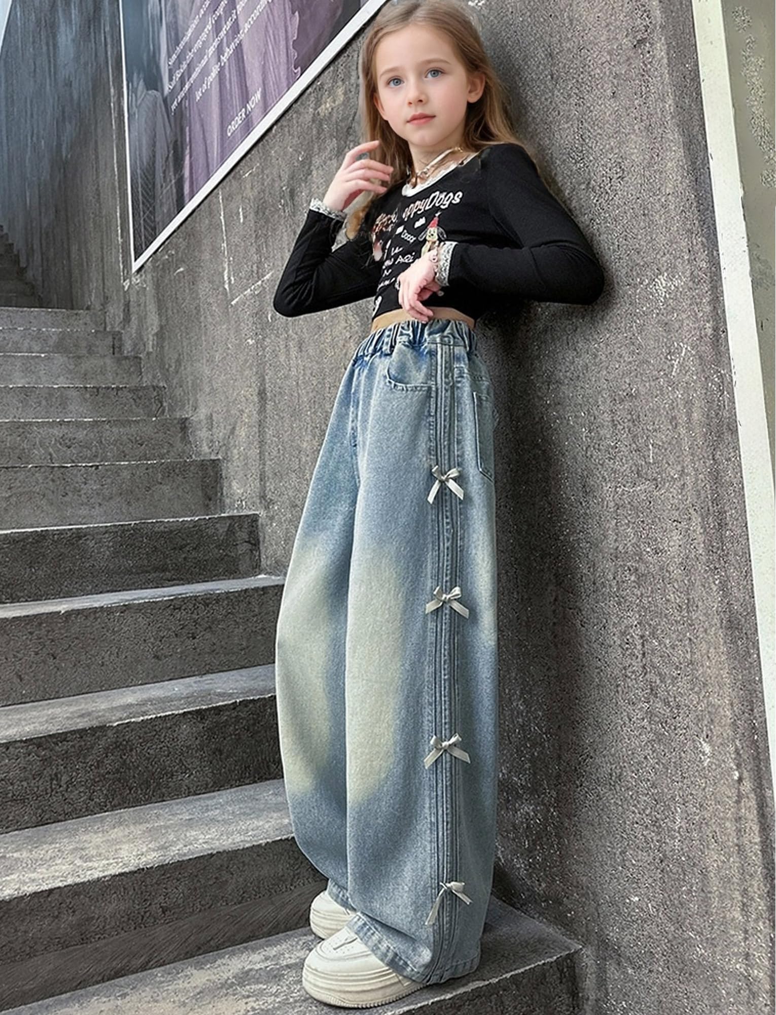 SEAUR Baggy Jeans für Mädchen EU 110-164 Jeanshose Wide Leg mit Print Y2K Denim Hose Elastischem Bund