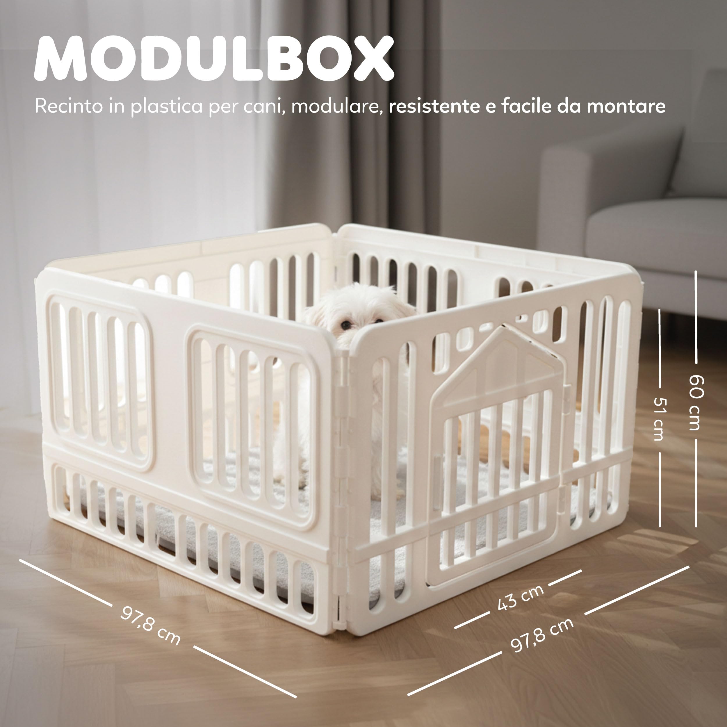 AqpetFriends Recinto per Cani da Interno 97x97x60h cm in plastica con Porta – Box Modulare colore Bianco per Cuccioli e Animali Domestici – Parco Recinzione per Casa, Gatti e Cani