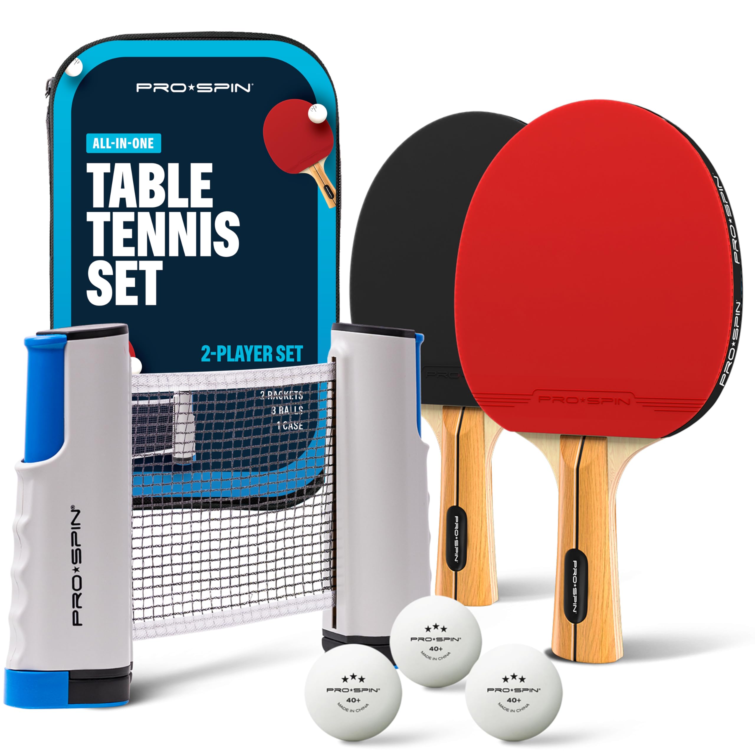 PRO SPIN All-in-One Ping Pong Set - Retractable Ping Pong Net for Any Table (72"), Ping Pong Paddles and Balls, Storage Case - Portable Table Tennis Family Games, Gifts for Boys & Girls