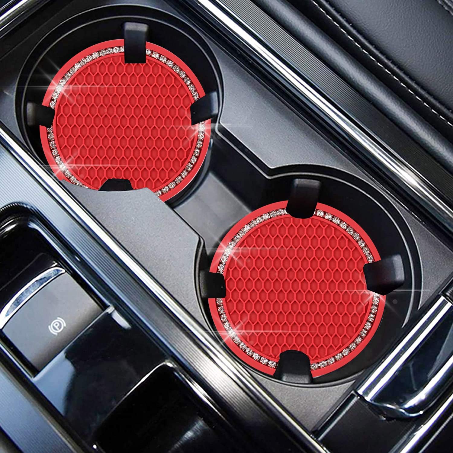 SUNACCL Universal Vehicle Bling Travel Auto Cup Holder Insert Coasters Crystal Rhinestone Car Interior Accessories Durable Anti Slip Silicone Car Coasters (Pack of 2) (Red)