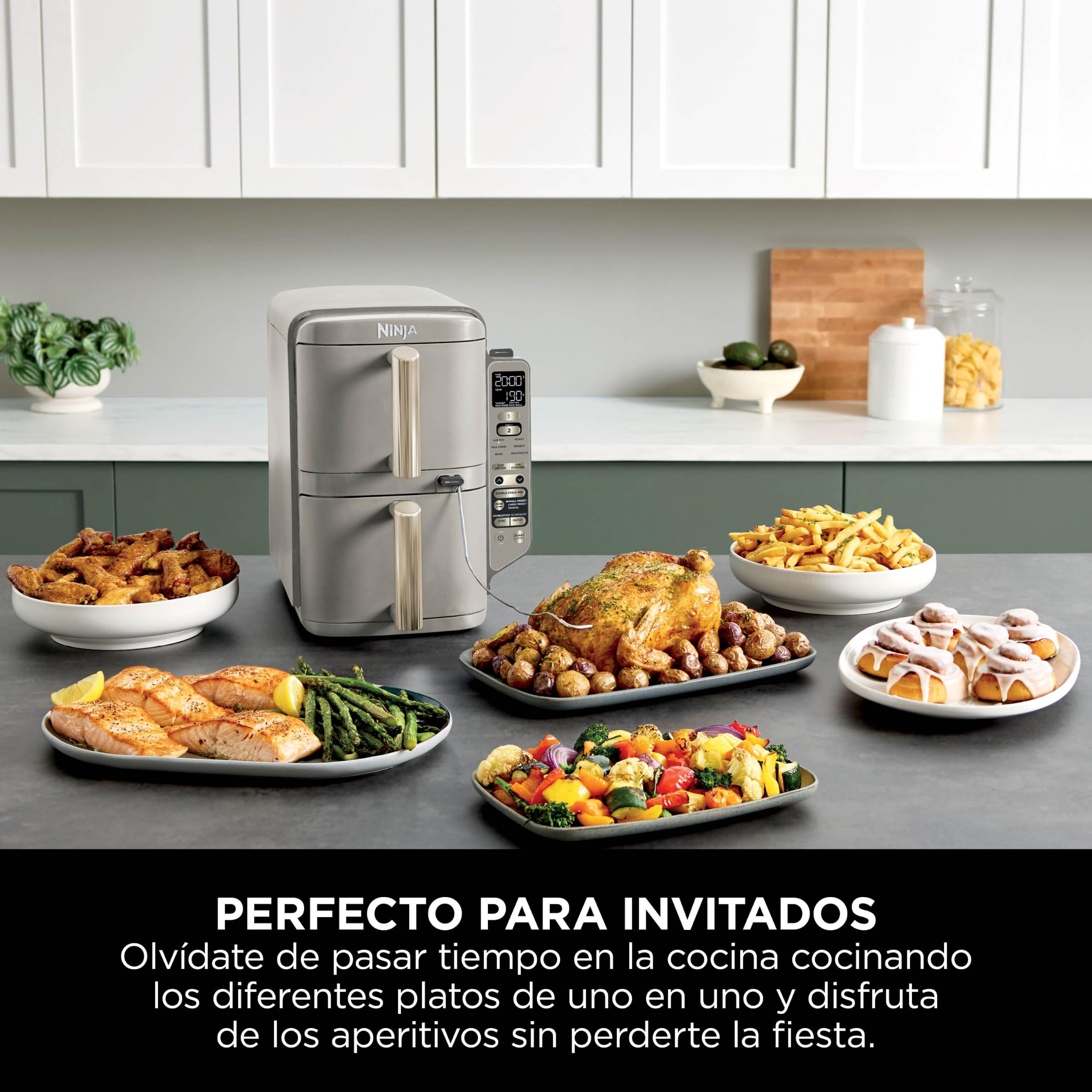 Ninja Double Stack XL, Freidora de Aire, 9,5L, Piedra Dorada, SL451EUSD | Freidora de Aire Vertical de Doble Cajón, 4 Niveles de Cocción, 2 Rejillas, con Sensor Digital de Cocción