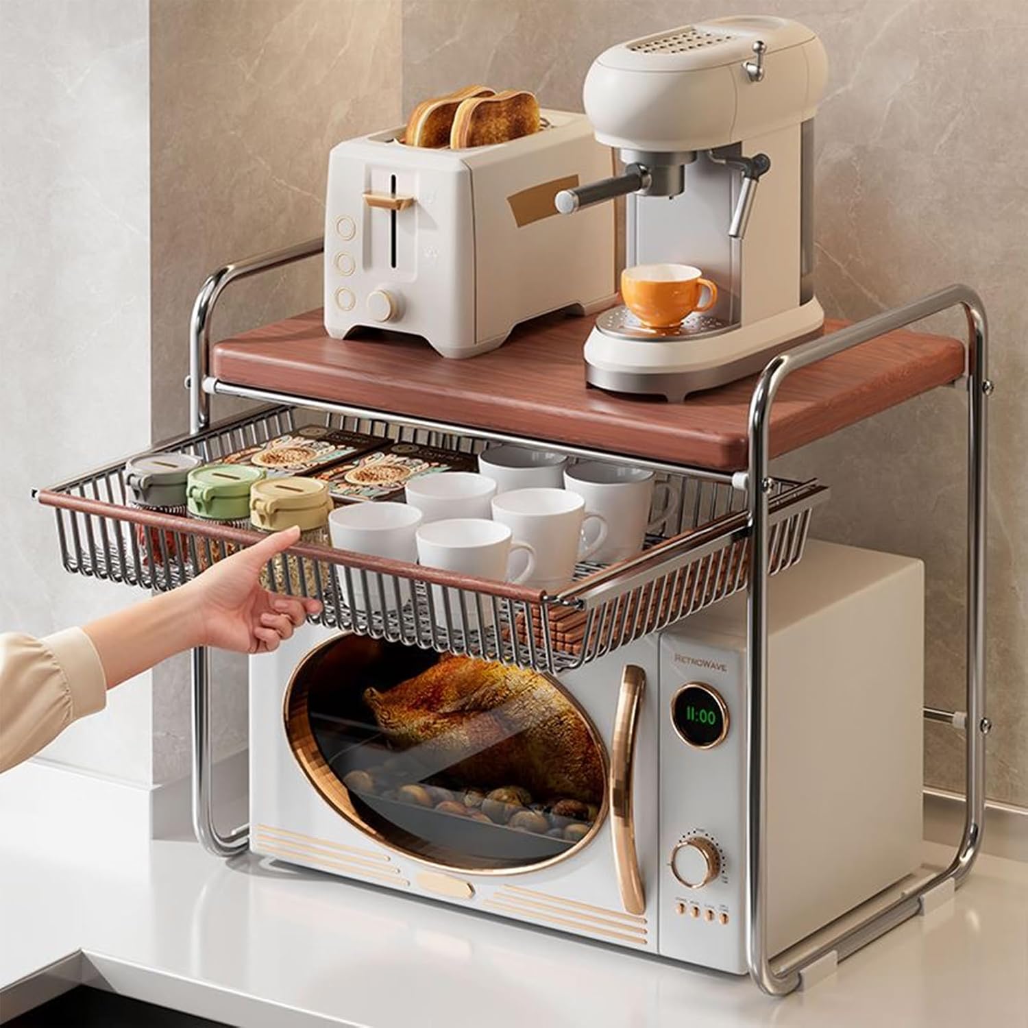 Microwave Oven Rack with Storage Basket, 2-Tier Kitchen Counter Organizer, Space Saving Microwave Shelf Stand, Wood & Metal Kitchen Storage Rack for Coffee Station, Small Kitchen & Apartment (Walnut)