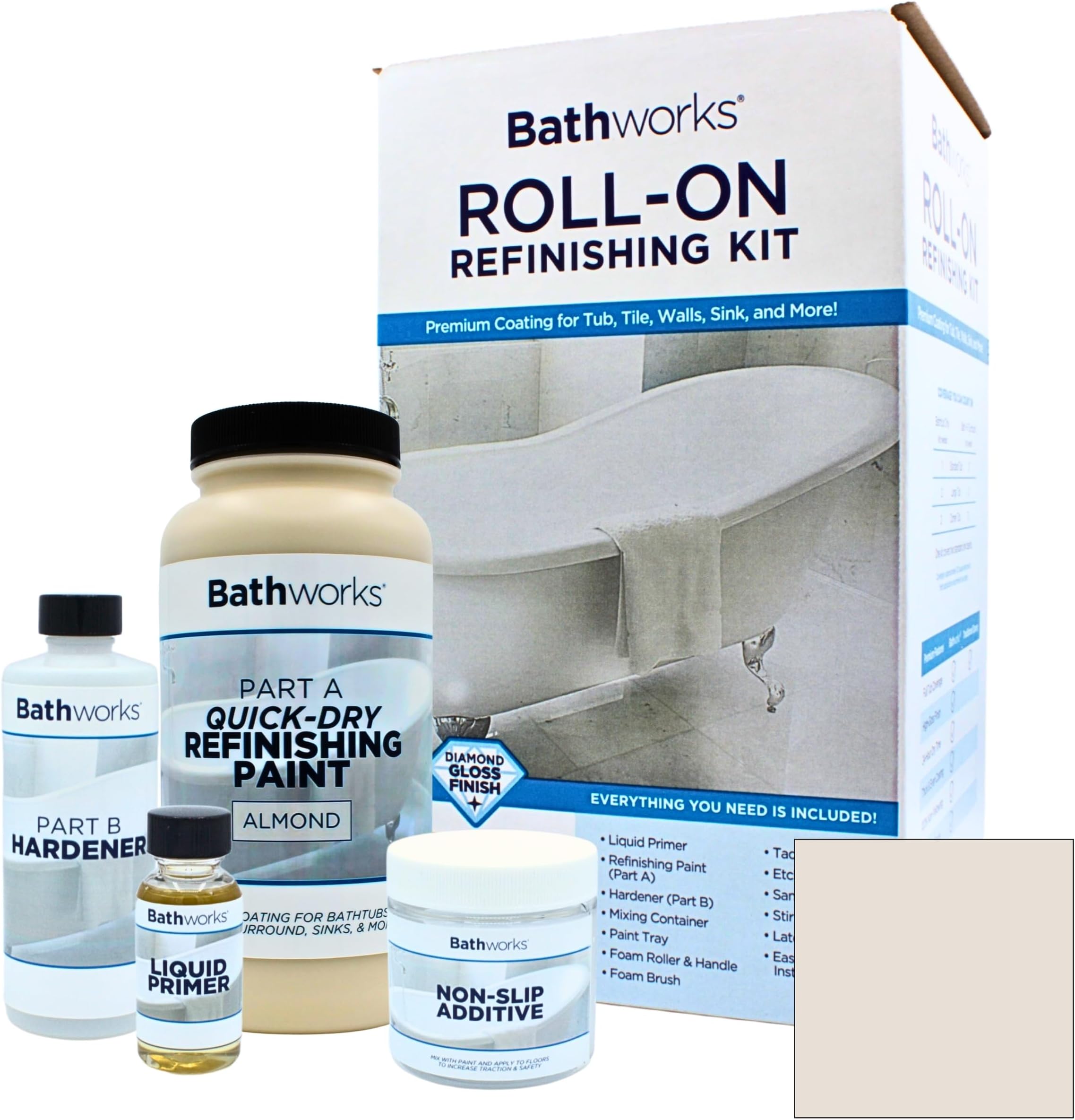 Bathworks Quick-Dry Roll-On Refinishing Kit - 22 fl oz, High Gloss Almond, Complete DIY System with Tools & Non-Slip Additive - Faster 12-Hour Dry Time for Bathtubs, Tile, Sinks & Showers