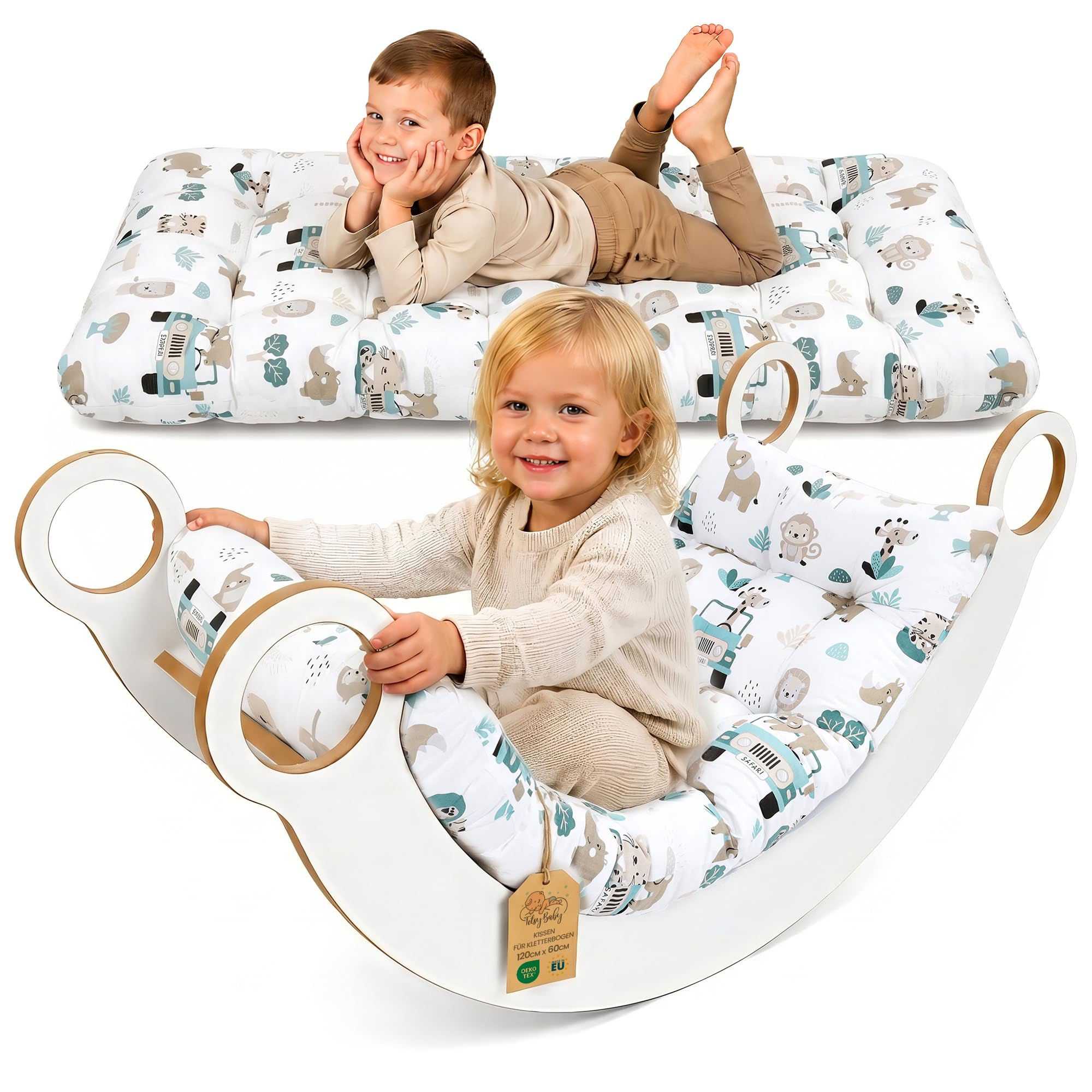 Cojín para arco Montessori y balancín 60x120 cm - colchoneta de suelo niños reversible – asiento relax lectura juego para la habitación infantil funda algodón Oeko-Tex Africa