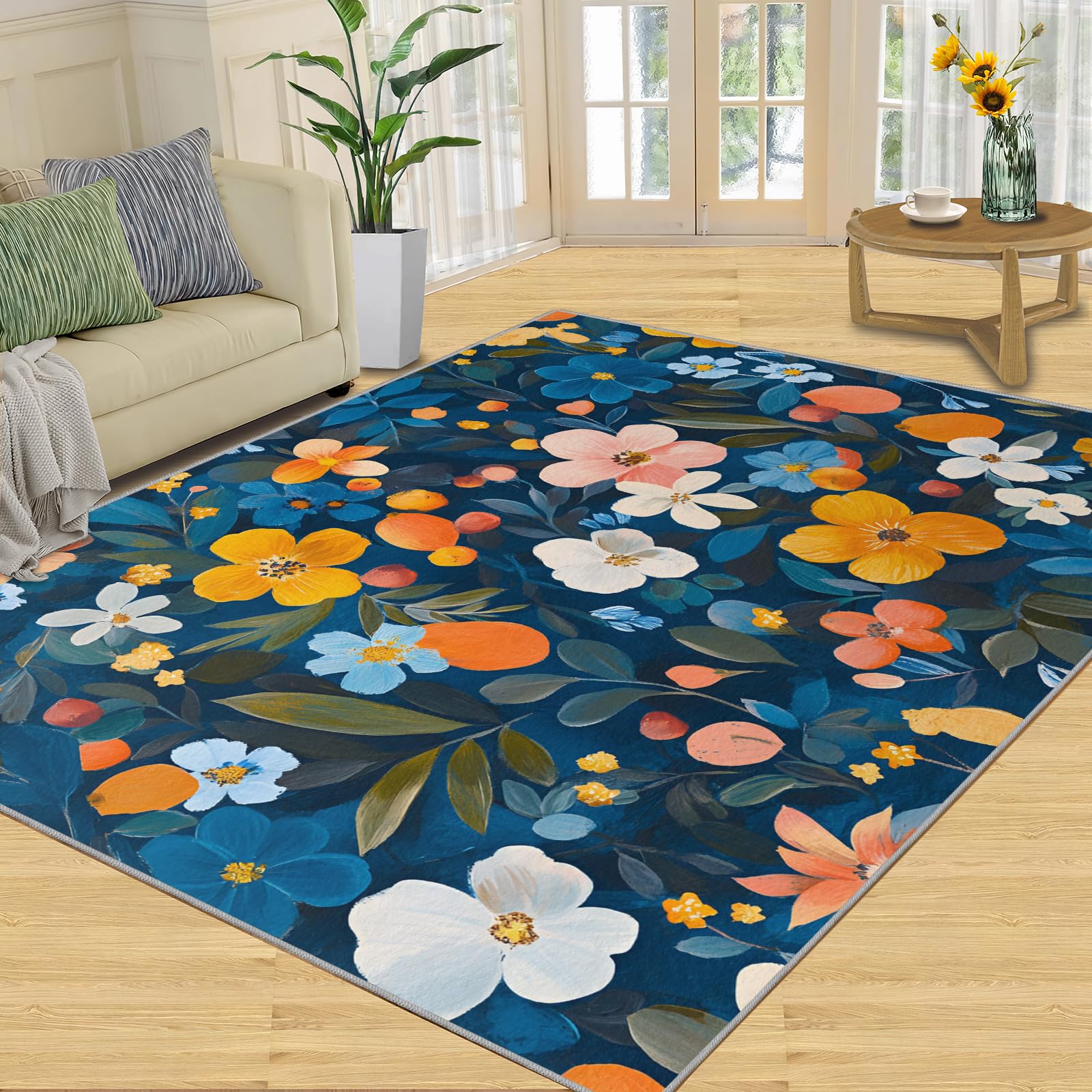 Tapis à motif floral pour décoration d'intérieur et cadeaux, 180 x 200 cm, tapis lavable pour chambre à coucher, tapis d'intérieur antidérapant et à poils bas, aquarelle rustique floral