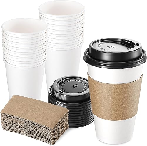 Miniatura 1 de NEEBAKE 75 juegos de tazas de café de 16 onzas con tapas, tazas de café para bebidas calientes, tazas de papel desechables con tapas y fundas, color
